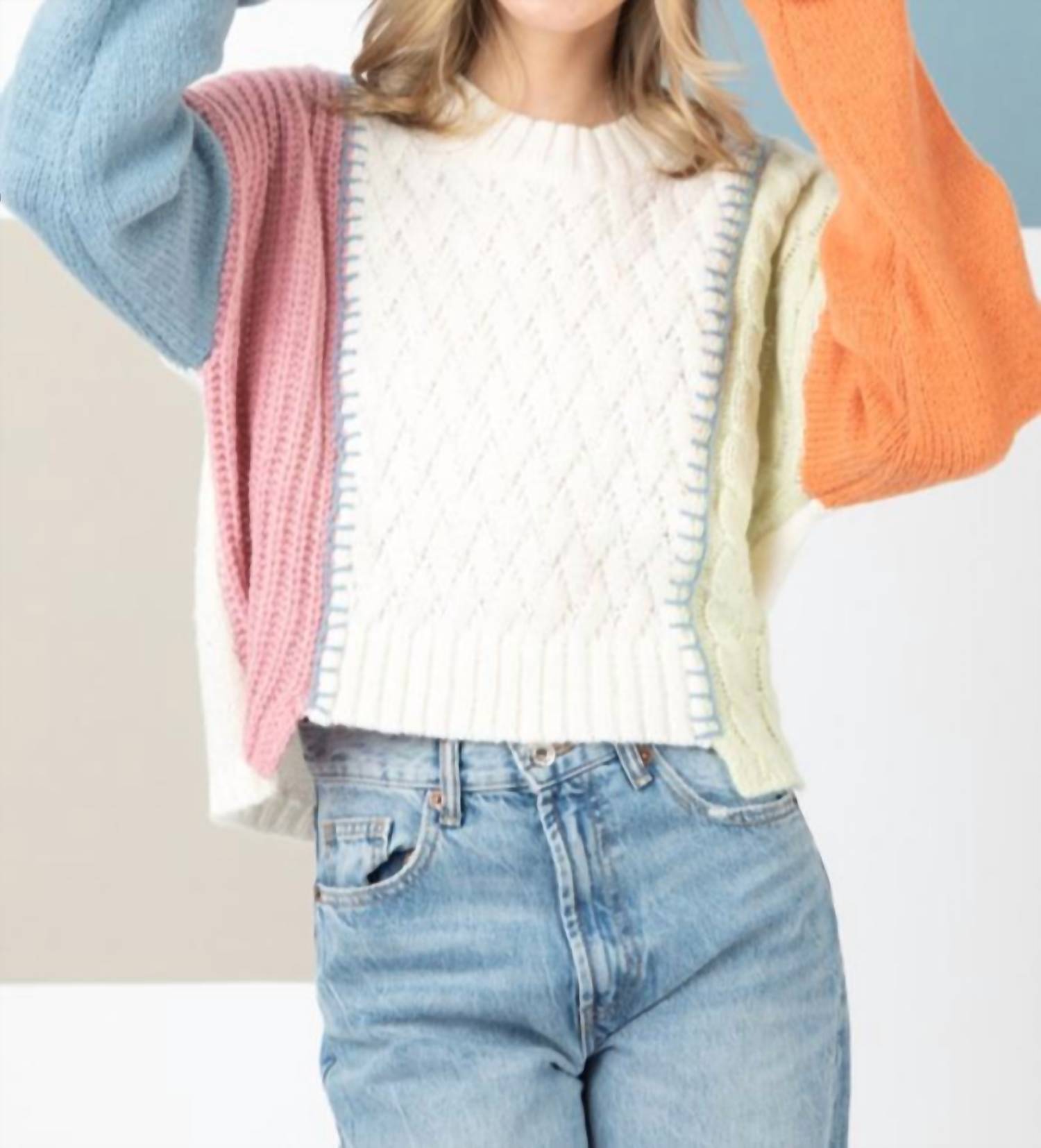 Shop Very J Colorblock Cable Sweater In Multi In White