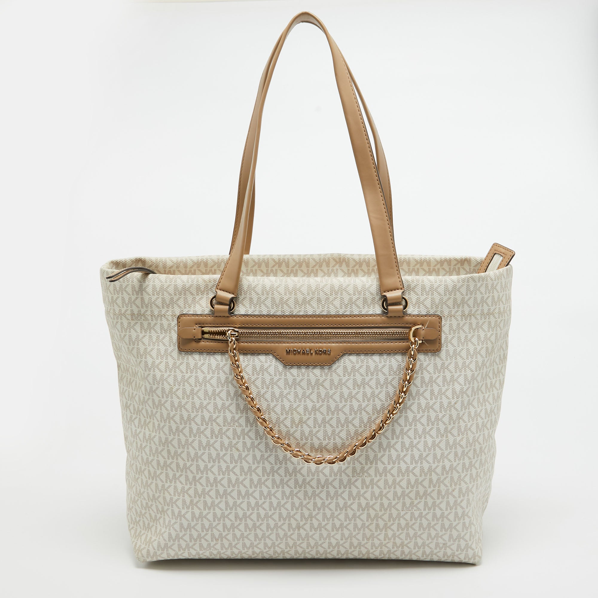 Shop Michael Kors Signature Coated Canvas And Leather Large Slater Tote In White