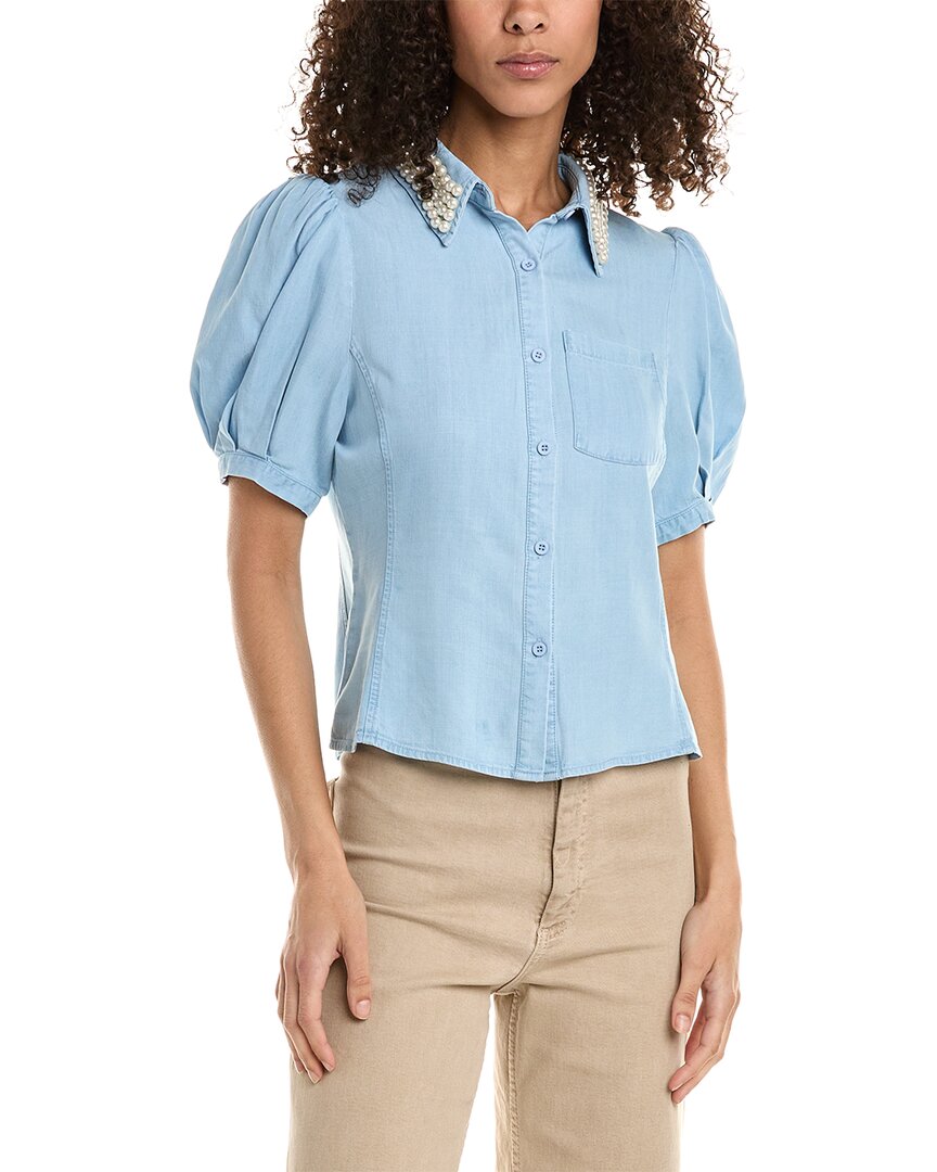Shop Stellah Pearl Embellished Button-down Top In Blue