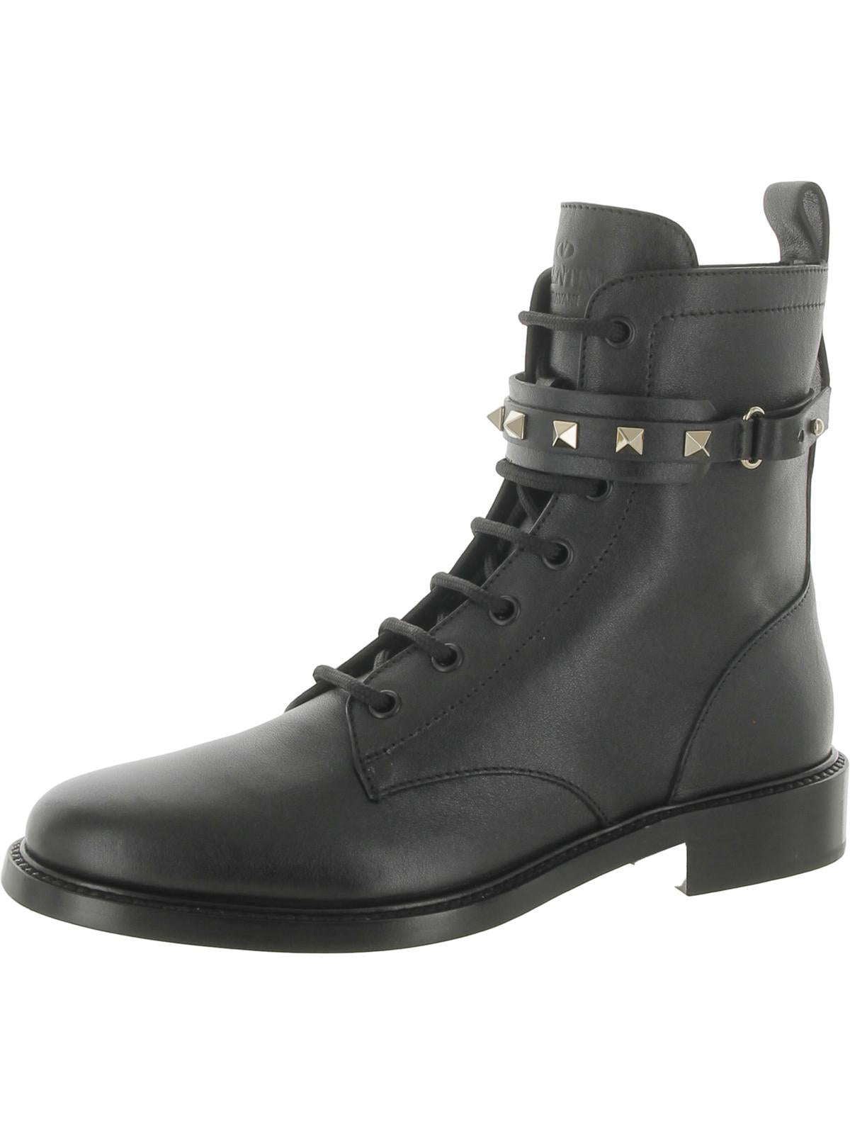 Valentino Garavani Womens Leather Studded Combat & Lace-up Boots In Gray