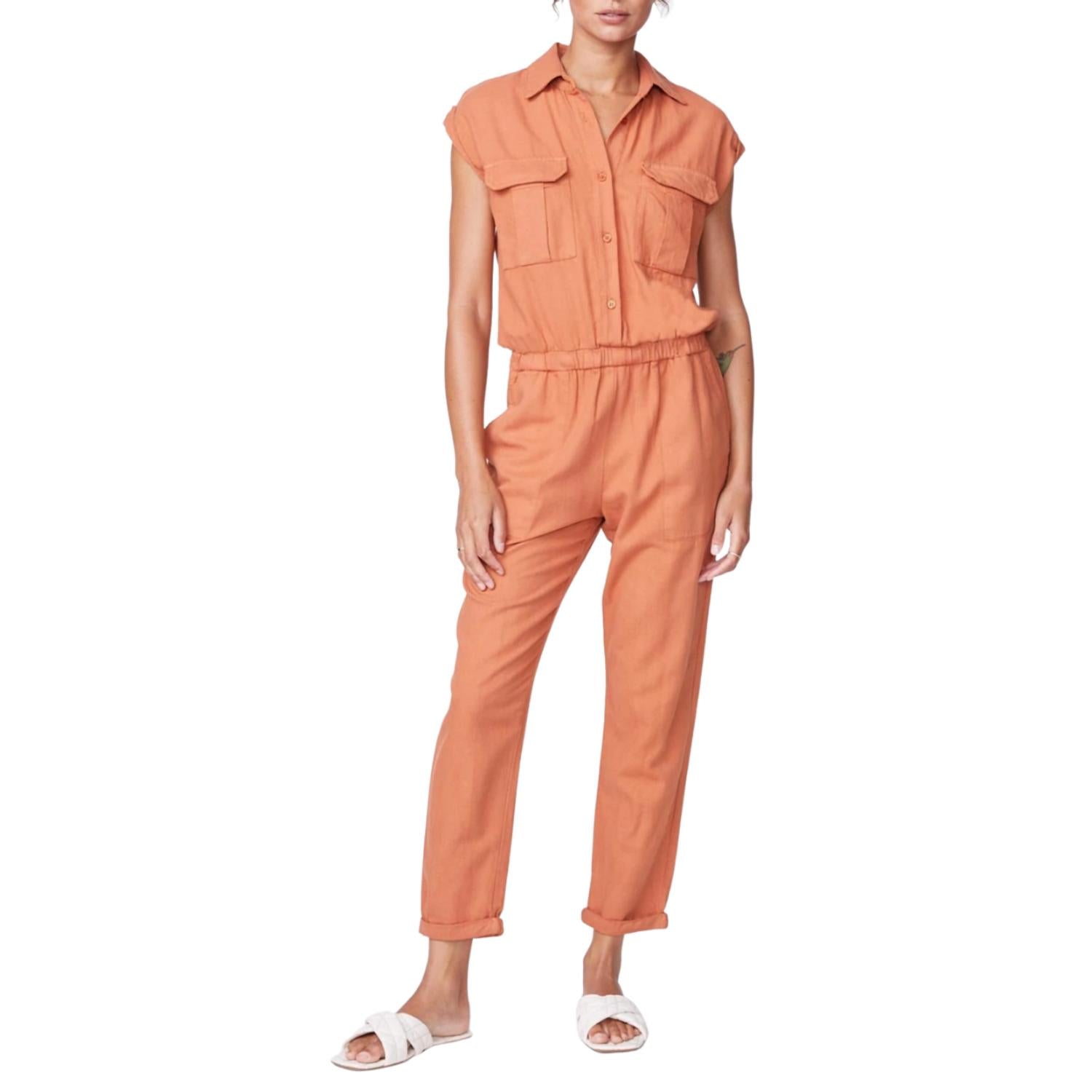 Monrow Cotton Twill Jumpsuit In Faded Rust In Orange