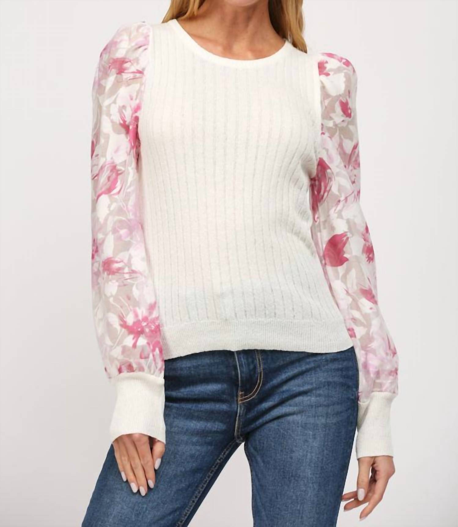 Fate Floral Print Organza Sleeve Cable Knit Sweater In Cream Pink In Multi