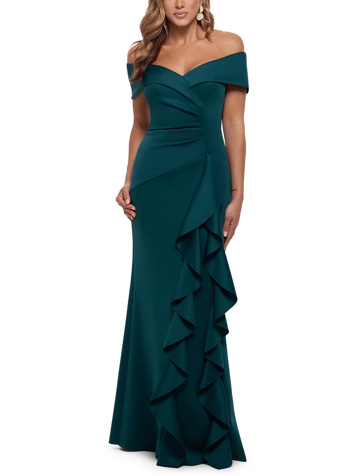 Xscape Womens Ruffled Off-the-shoulder Evening Dress In Green