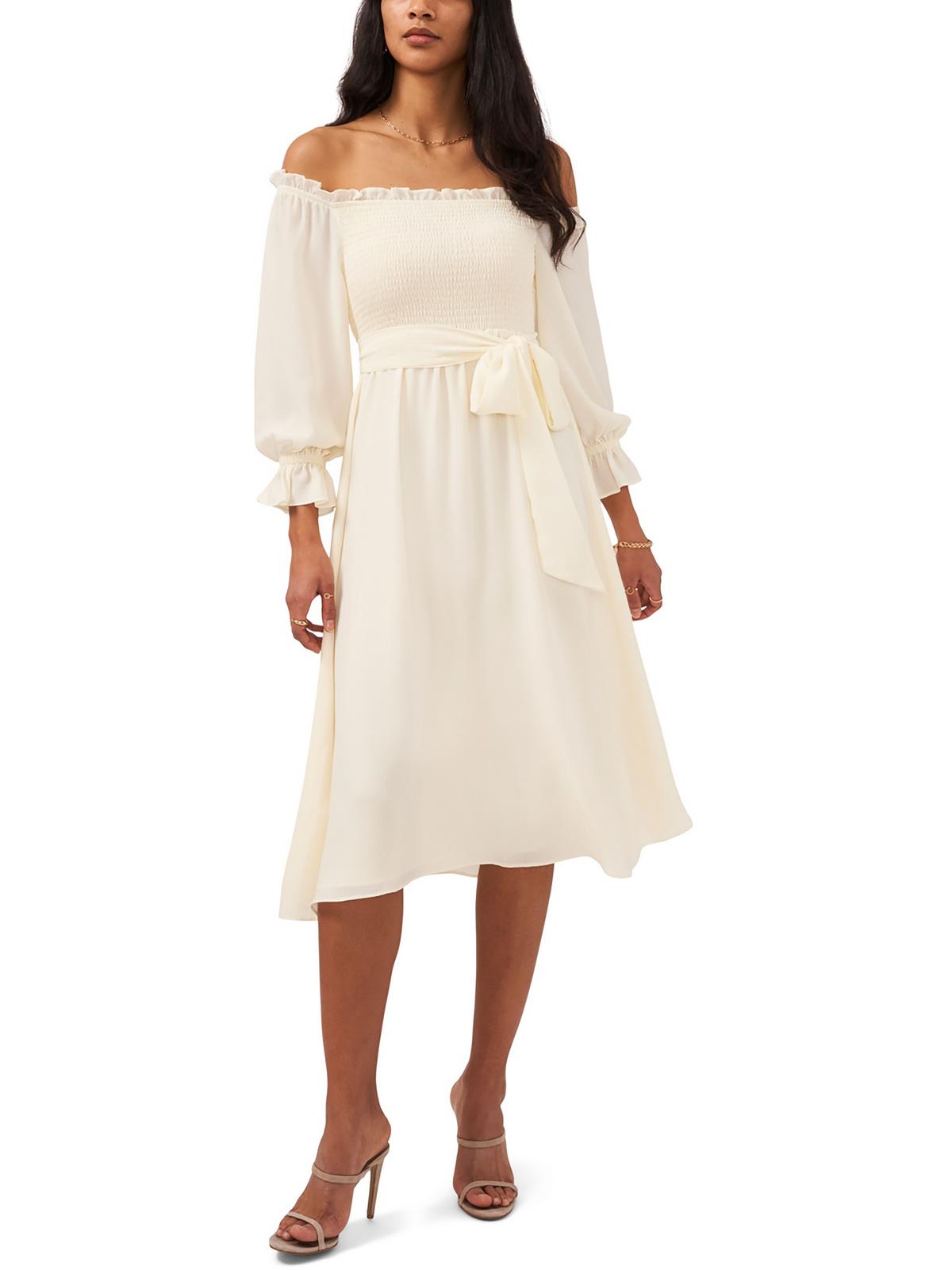 1.state Womens Smocked Crepe Midi Dress In White