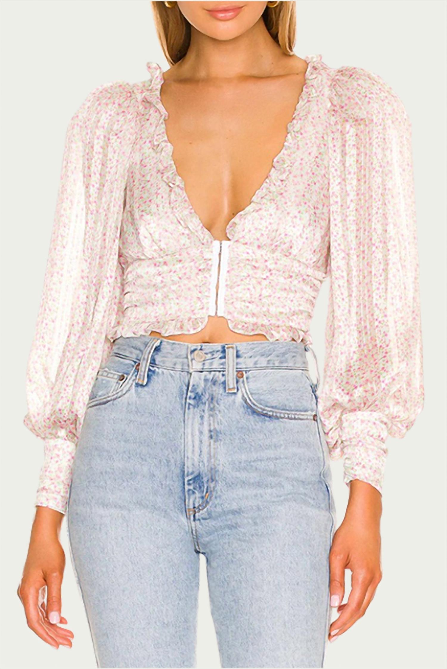Shop For Love & Lemons Natalie Floral-print Cropped Top In Ivory In Pink