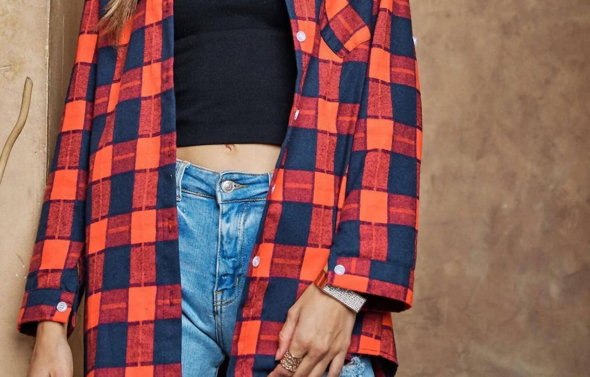 Adora Button Down Plaid Shirt In Navy, Red In Multi