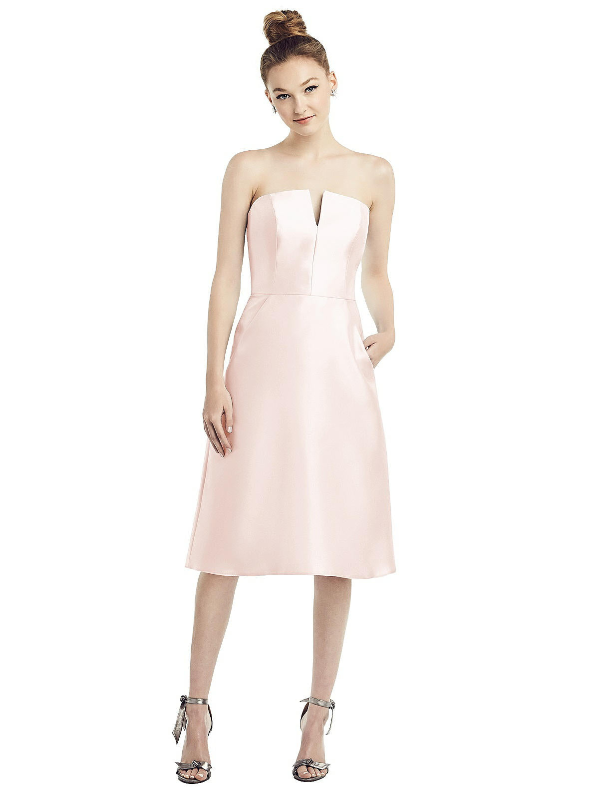 Shop Alfred Sung Strapless Notch Satin Cocktail Dress With Pockets In Gold