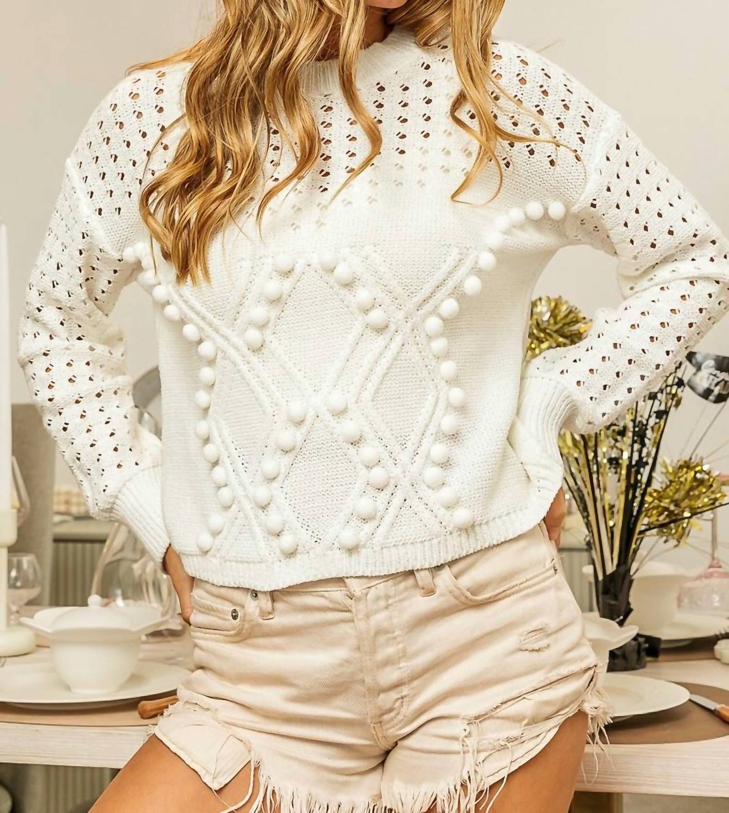 Shop Bibi Pompom Pointelle Sweater In Ivory In White