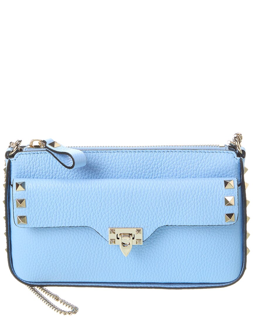 Valentino Garavani Rockstud Grainy Leather Wallet On Chain In Blue