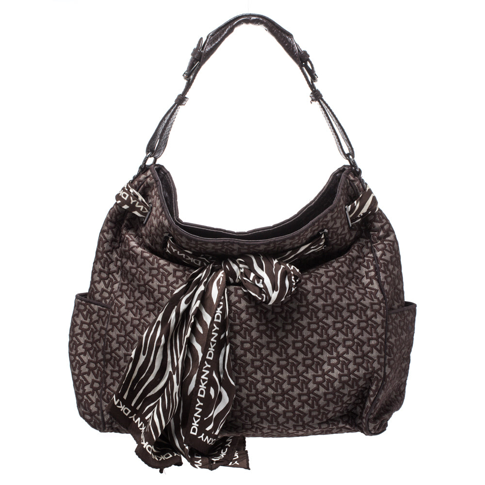Dkny Signature Canvas Scarf Hobo In Black
