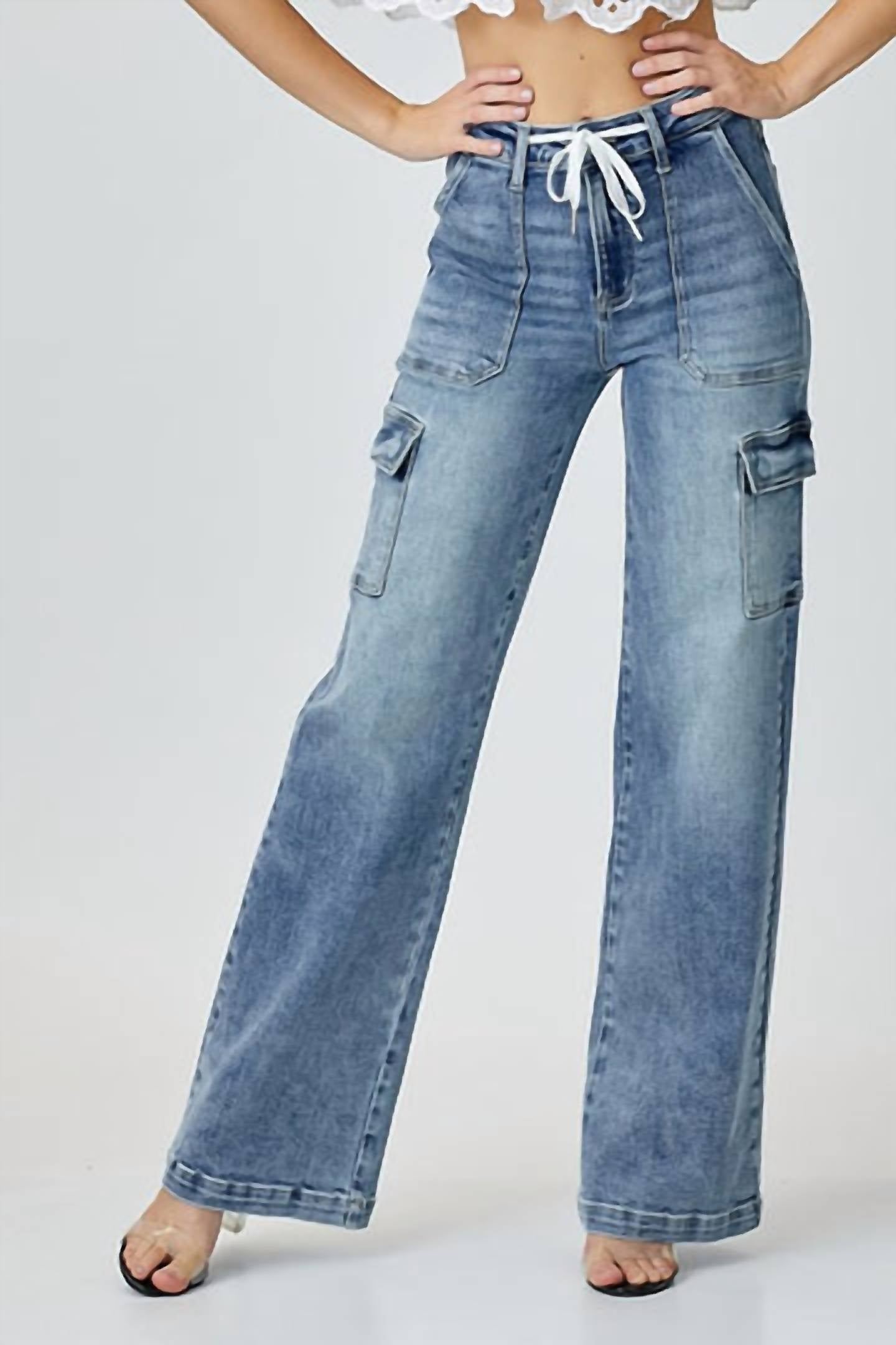 Shop Risen Cargo Wide Straight Leg Jeans In Washed Blue