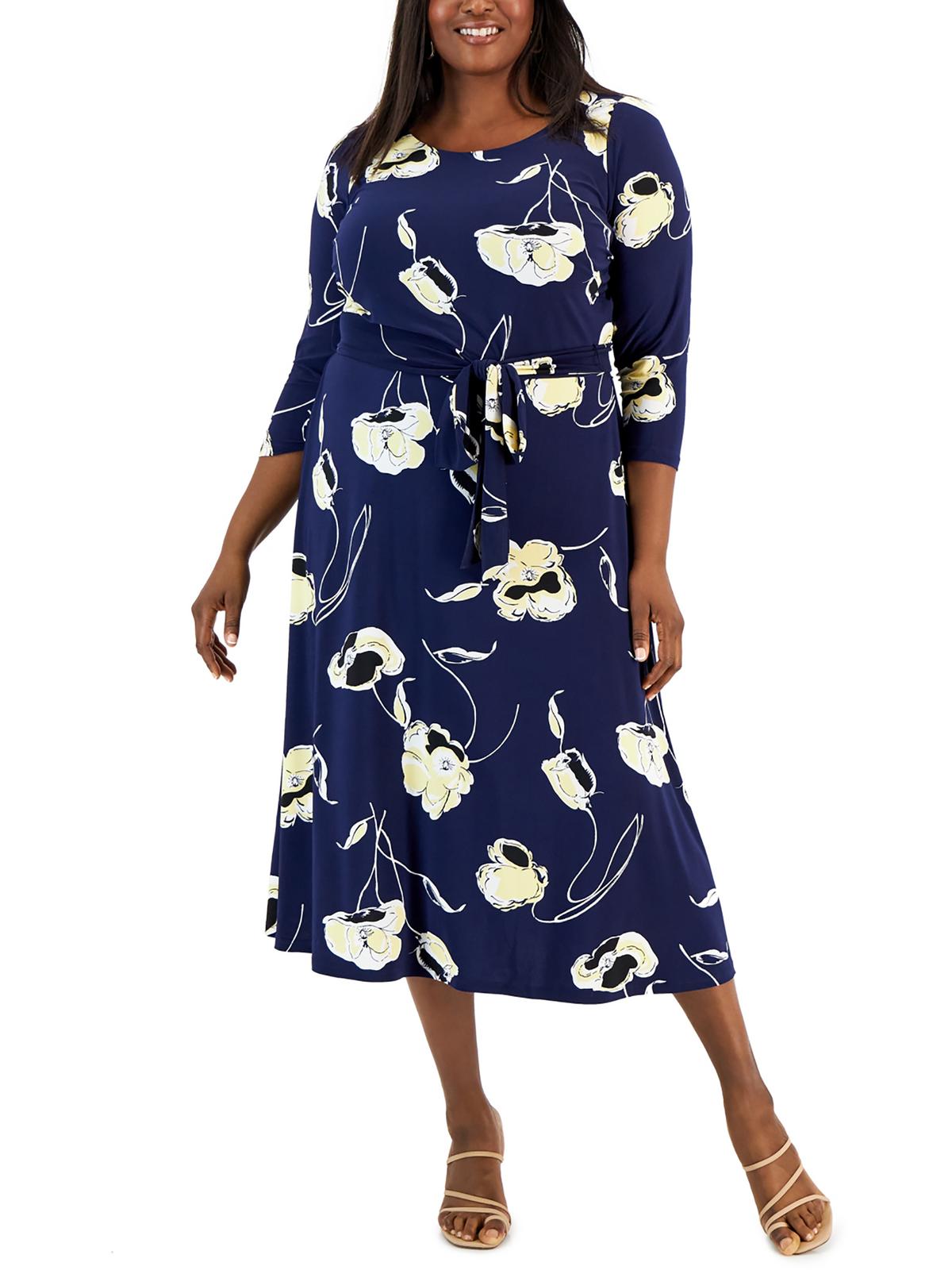 Kasper Plus Womens Printed Tea Length Fit & Flare Dress In Blue