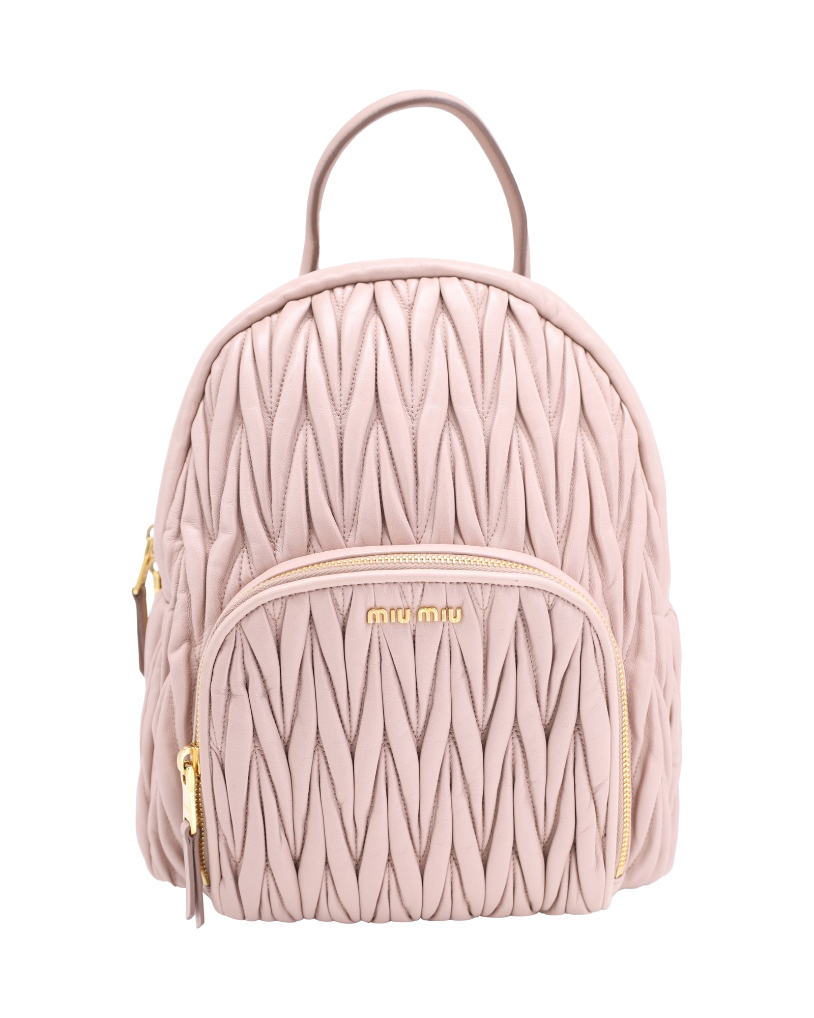 image of Miu Miu Matelassé Backpack in Pastel Pink Leather