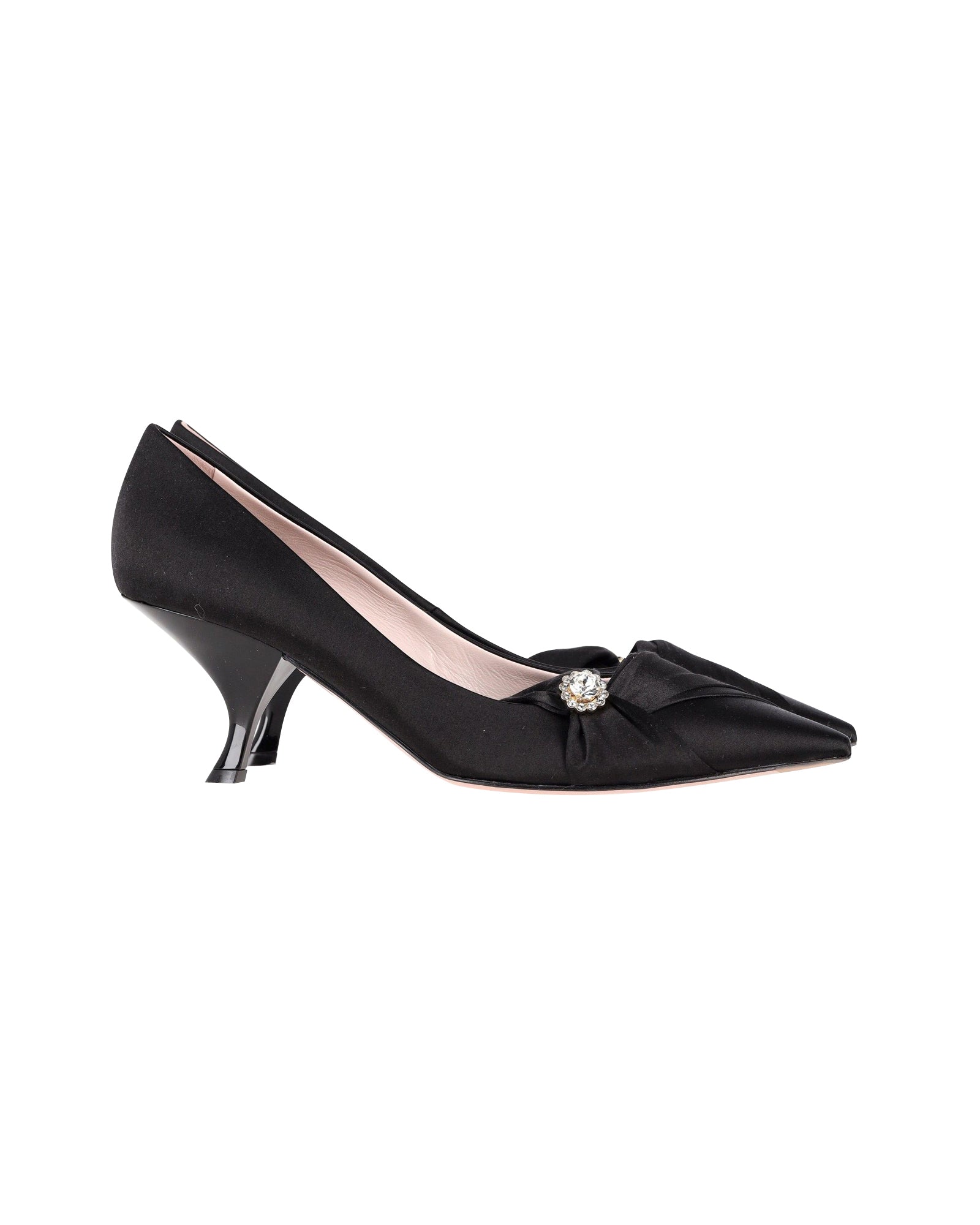 image of Roger Vivier Lavallière Crystal Embellished Pumps in Black Satin