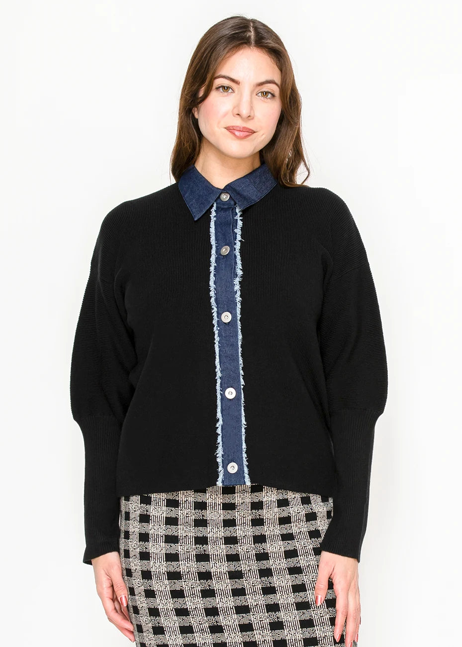 Yal New York Black Cardigan With Denim Trim In Black