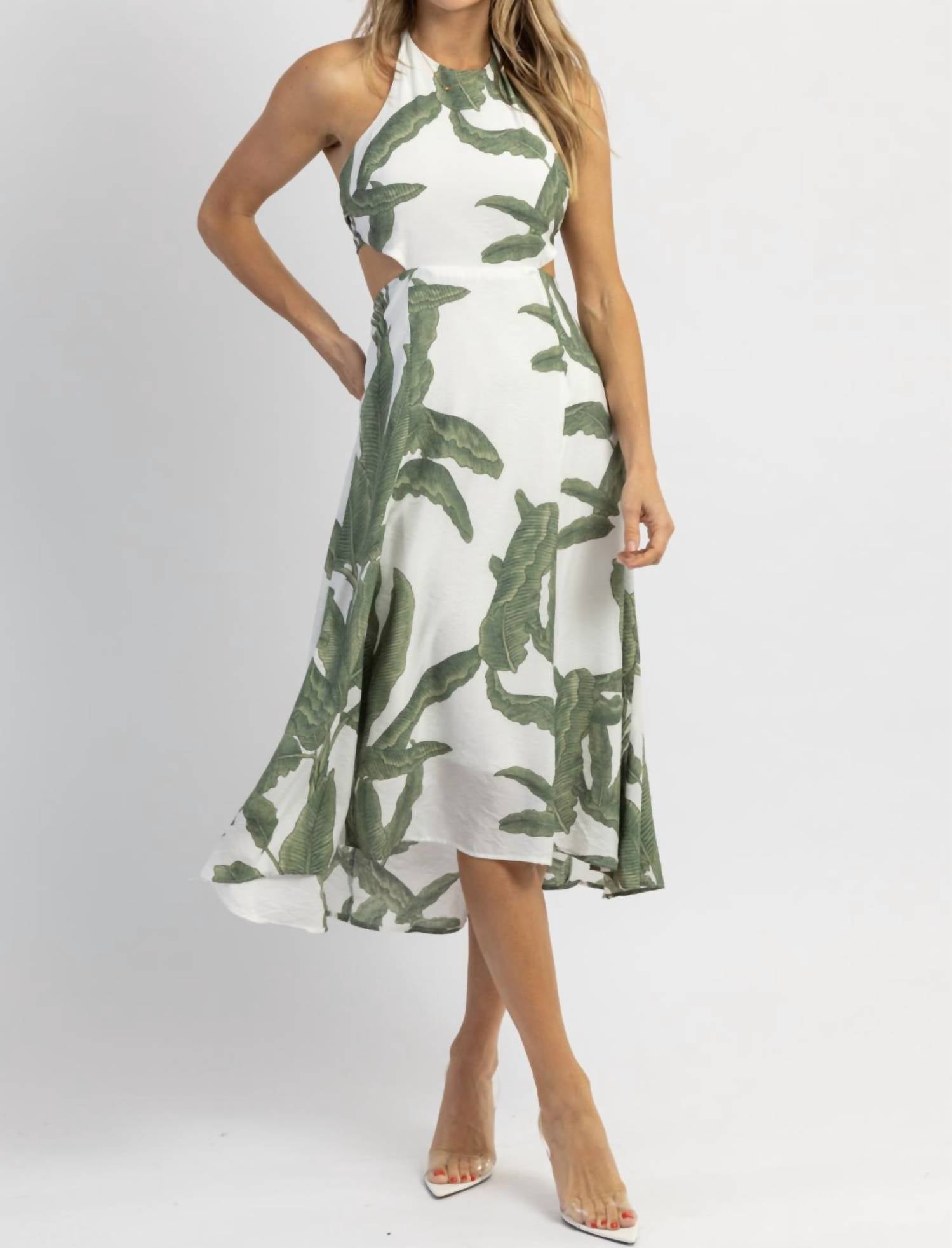 Shop Trend:notes Halterneck Midi Dress In Lost Palms Green In White
