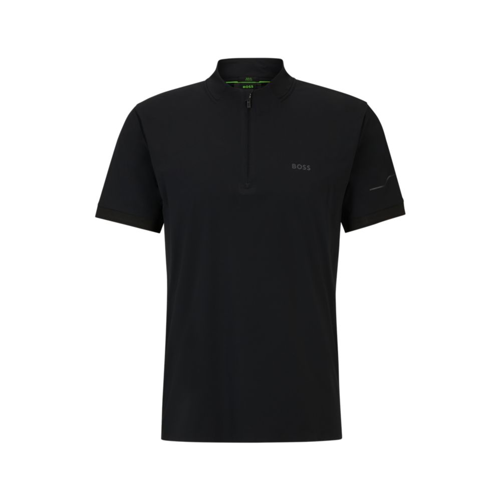 Hugo Boss Zip-neck Slim-fit Polo Shirt With Decorative Reflective Print In Black