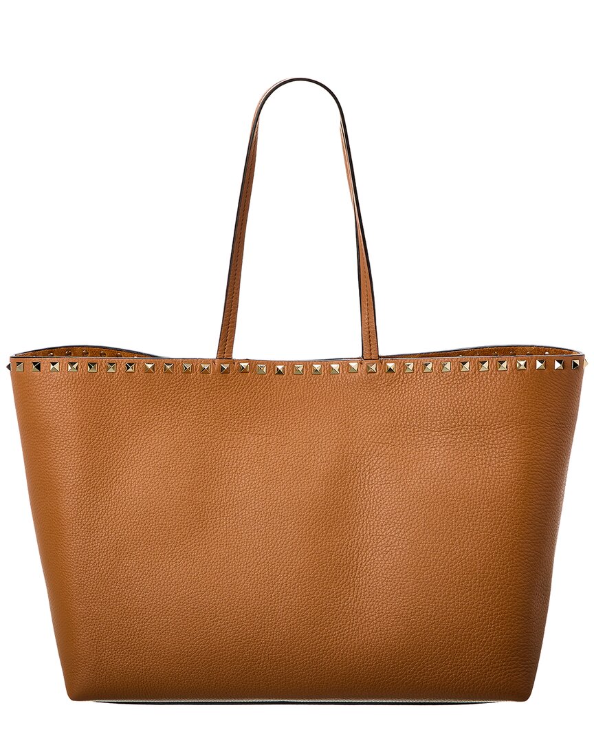 Shop Valentino Rockstud Large Grainy Leather Shopper Tote In Brown