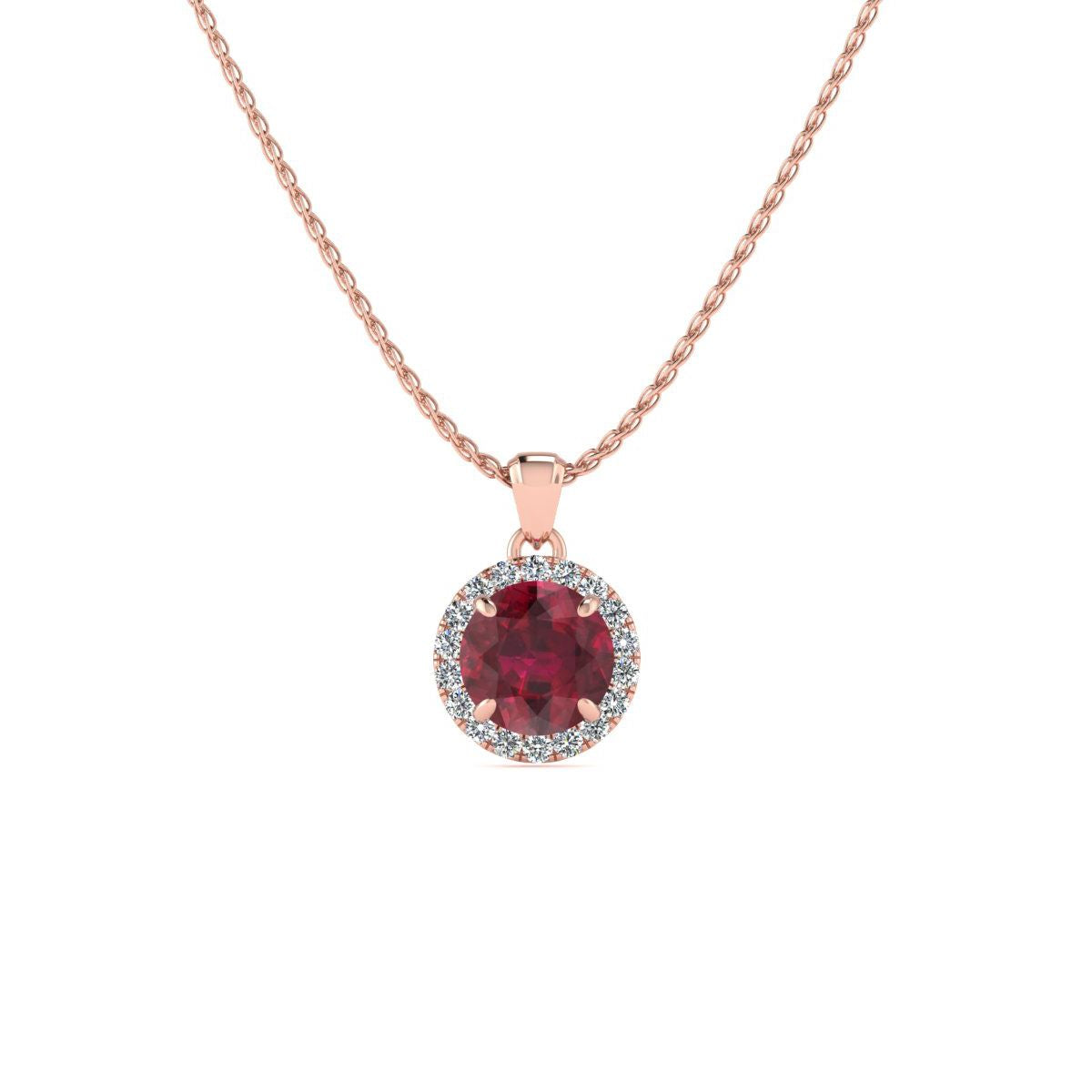 Sselects 1 Carat Round Shape Ruby And Halo Diamond Necklace In 14 Karat In Multi