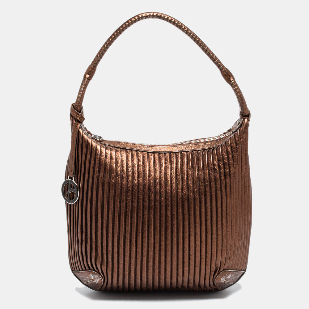 Giorgio Armani Metallic Pleated Leather Hobo In Brown