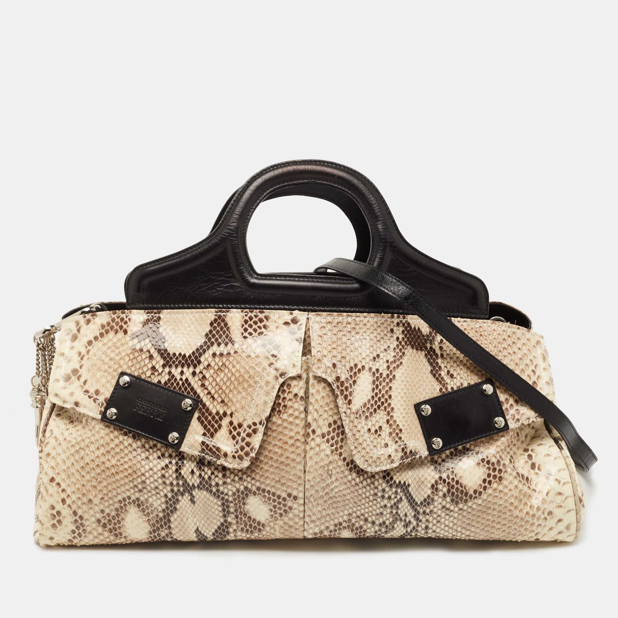 Shop Gianfranco Ferre Watersnake And Leather Charm Satchel In Beige