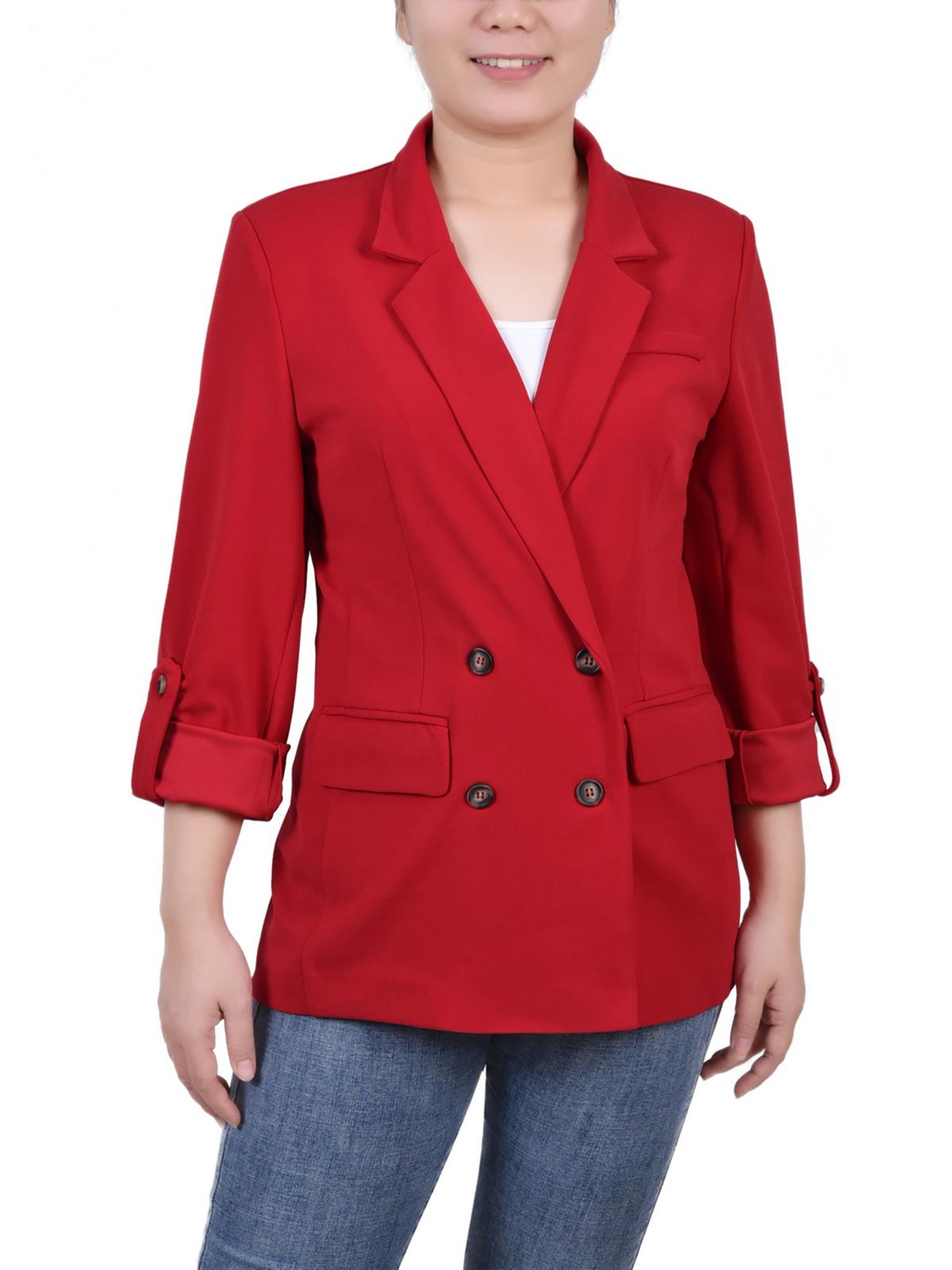 Shop Ny Collection Petites Womens Knit Long Sleeves Two-button Blazer In Red