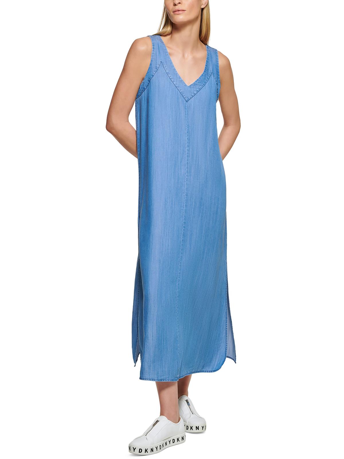 Dkny Womens Slub Lyocell Maxi Dress In Blue