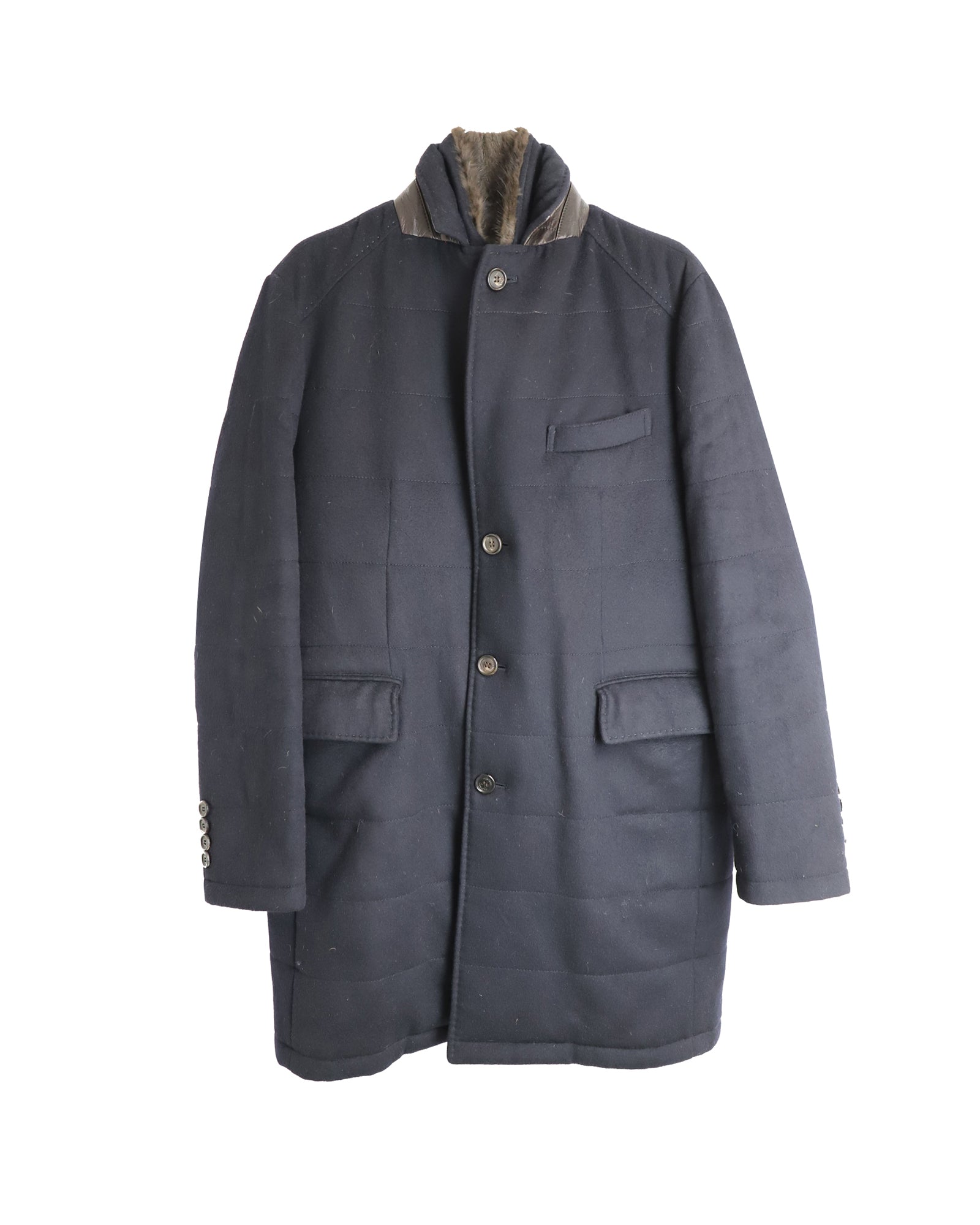 image of N. Peal Fur-lined Padded Winter Coat in Navy Blue Cashmere