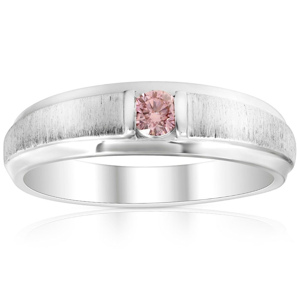 Pompeii3 Mens Brushed Pink Diamond Lab Grown Wedding Brushed Anniversary Ring White Gold