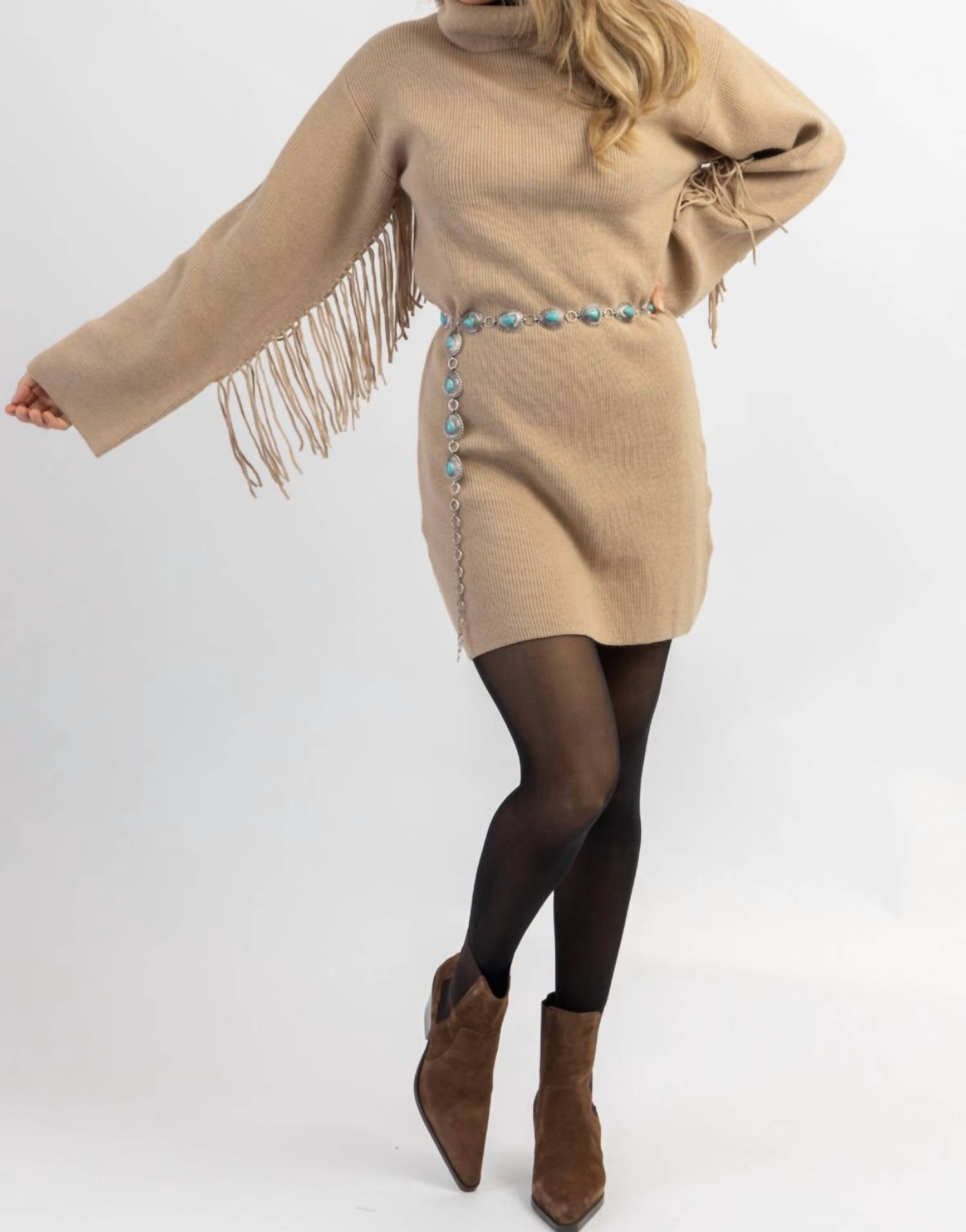 Shop Crescent Charley Fringed Sweater Dress In Tan In Beige