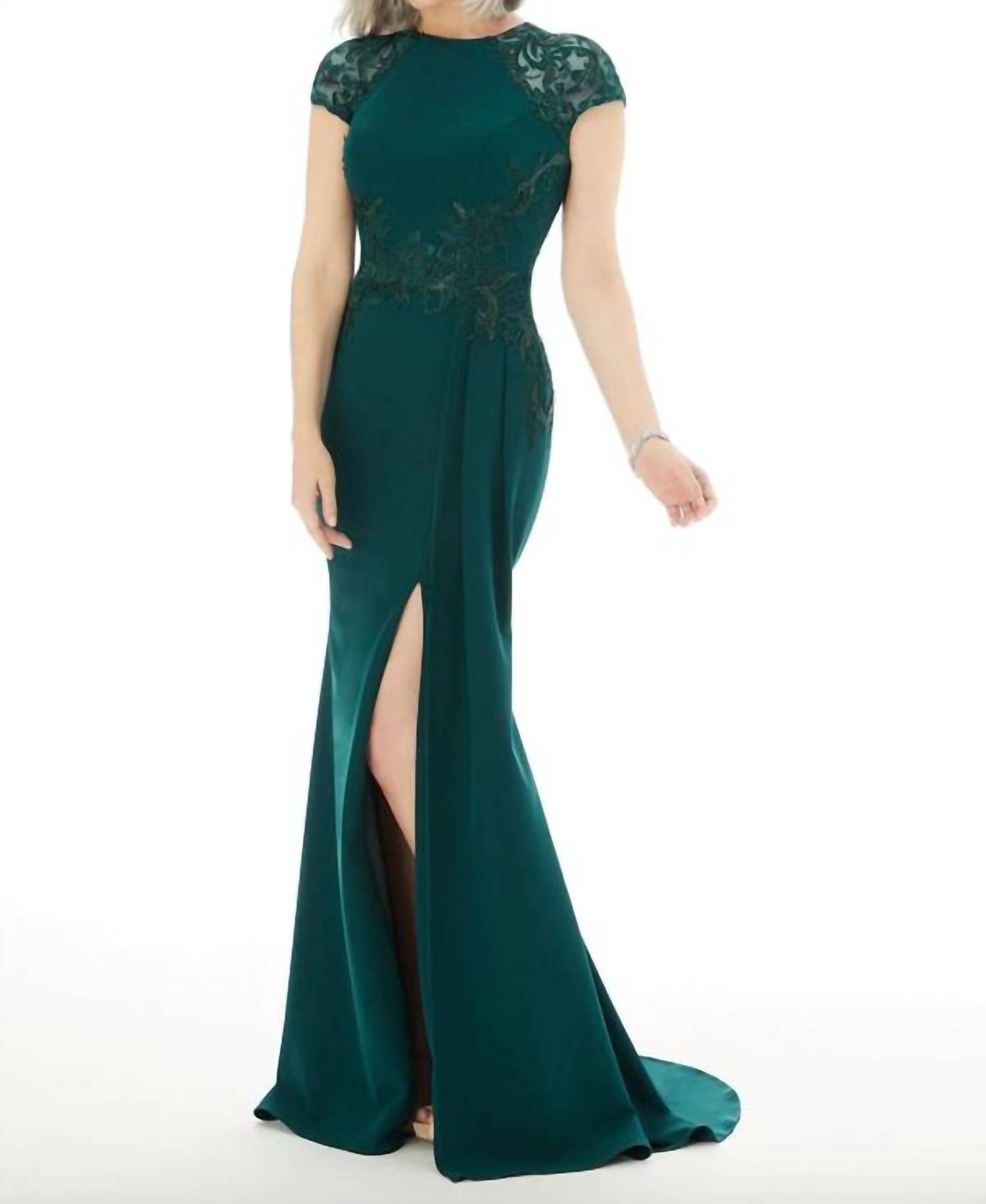 Shop Morilee Mgny - Fit And Flare Evening Gown With Beading On Crepe In Emerald In Green