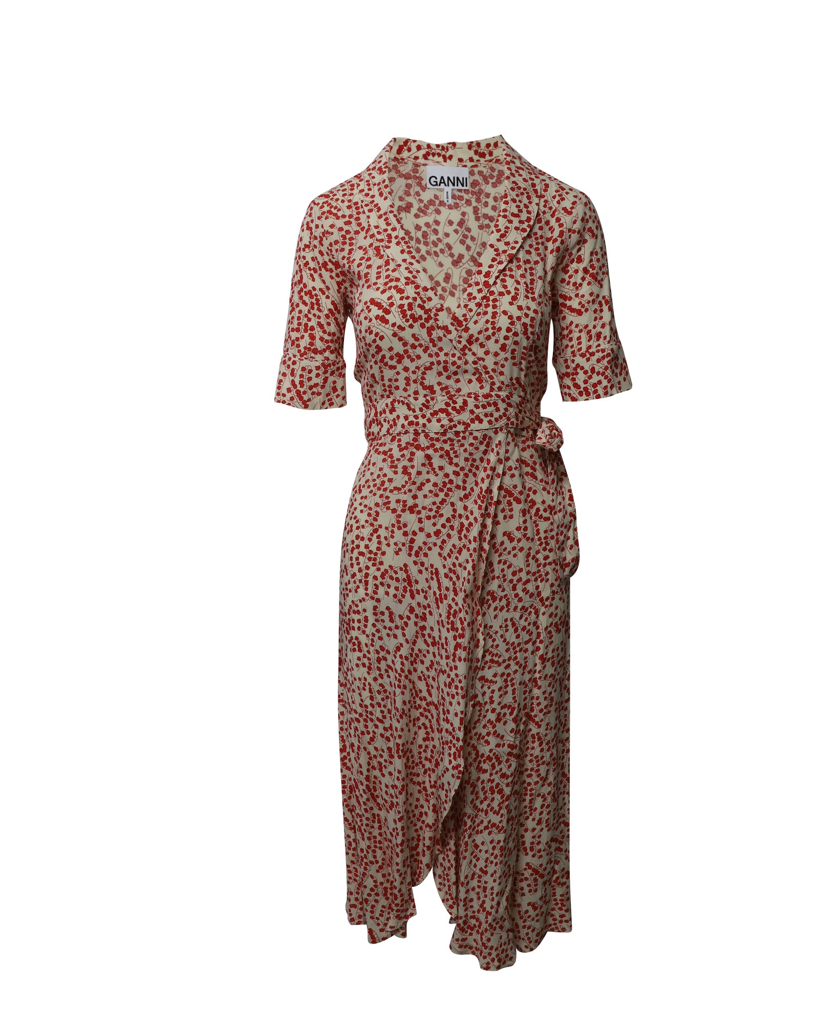 image of Ganni Printed Wrap Dress in White and Red Viscose