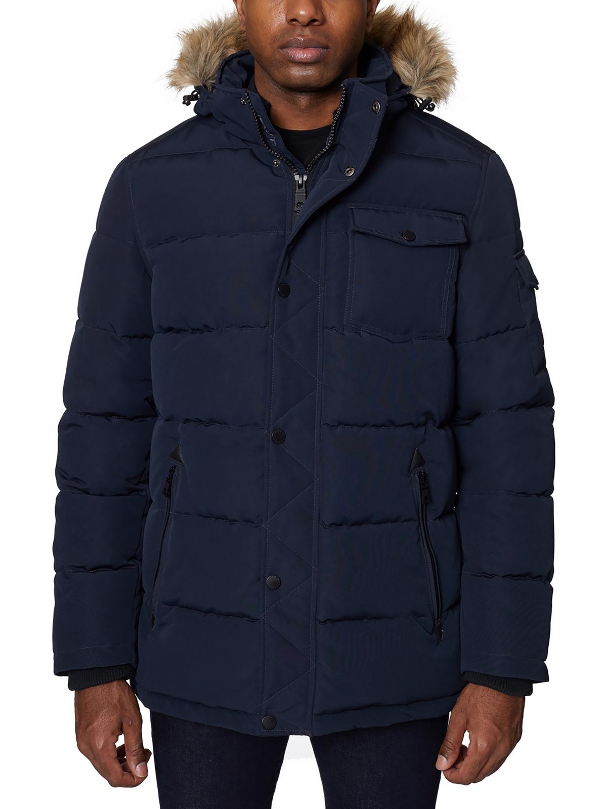 Shop Nautica Mens Faux Fur Trim Quilted Parka Coat In Blue