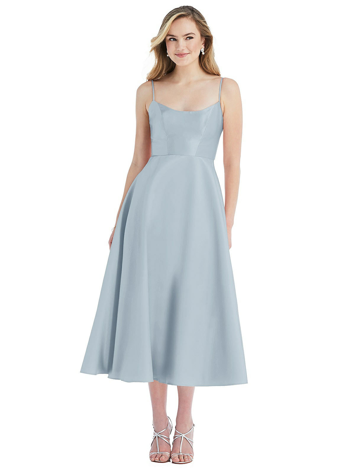 Shop Alfred Sung Spaghetti Strap Full Skirt Satin Midi Dress In Grey