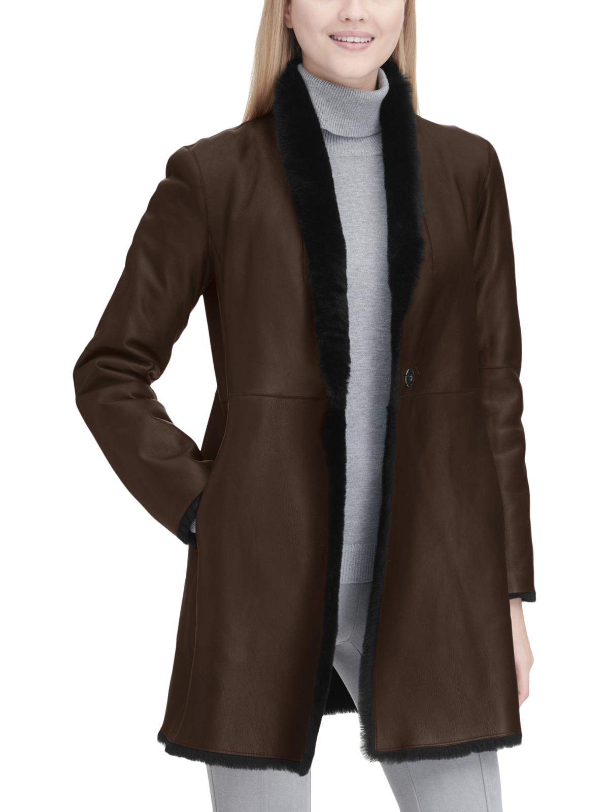 Calvin Klein Womens Lamb Shearling Reversible Leather Coat In Brown