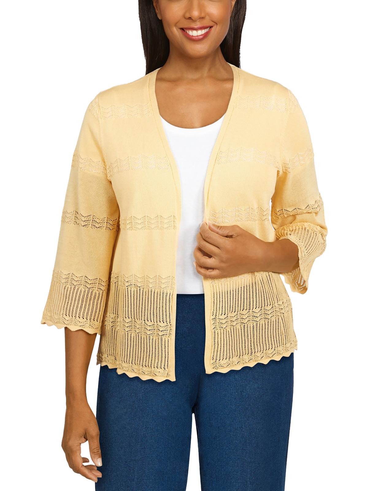 Alfred Dunner Plus Womens Open Front Crochet Cardigan Sweater In Yellow