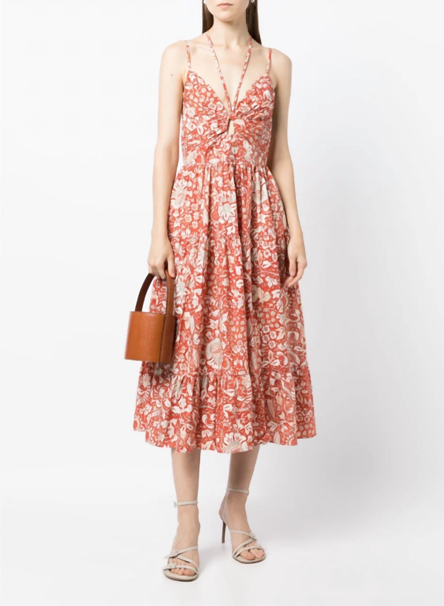 Shop Ulla Johnson Phoebe Halter Tie Strap Tiered Midi Dress In Orange Blossom In Pink