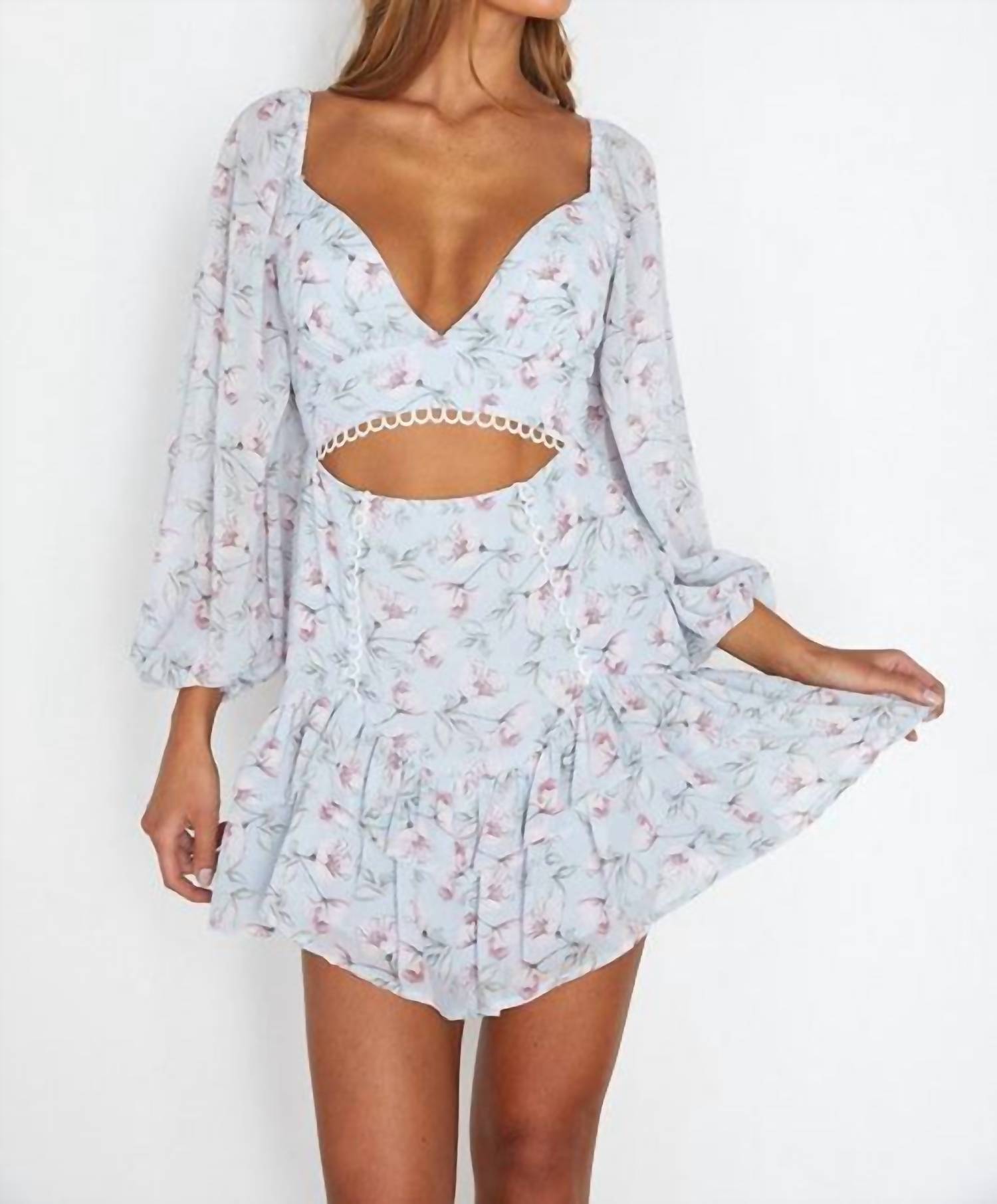 Shop One And Only Collective The Becca Floral Balloon Sleeve Cutout Mini Dress In Blue In White