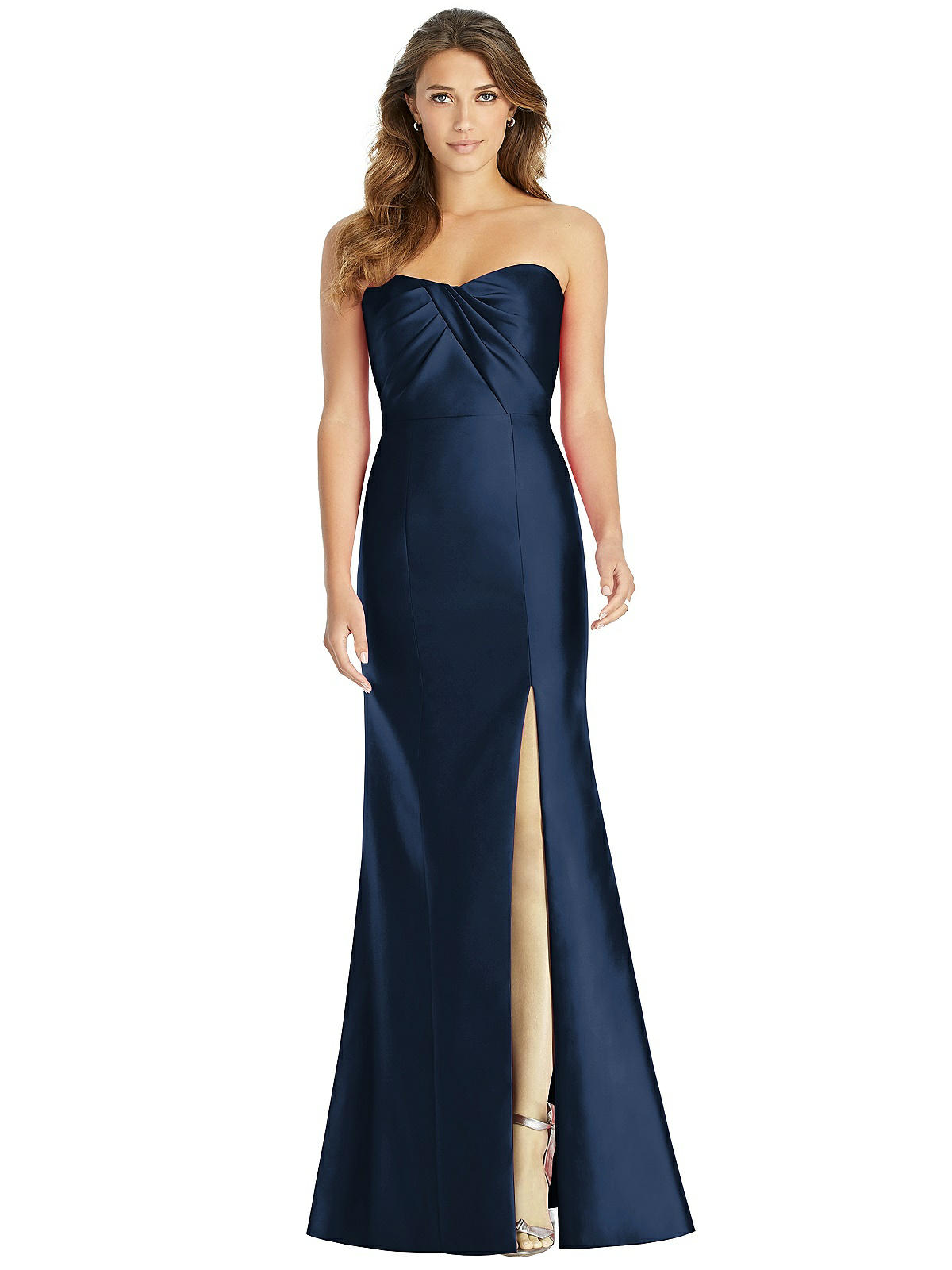 Shop Alfred Sung Strapless Draped Bodice Trumpet Gown In Blue