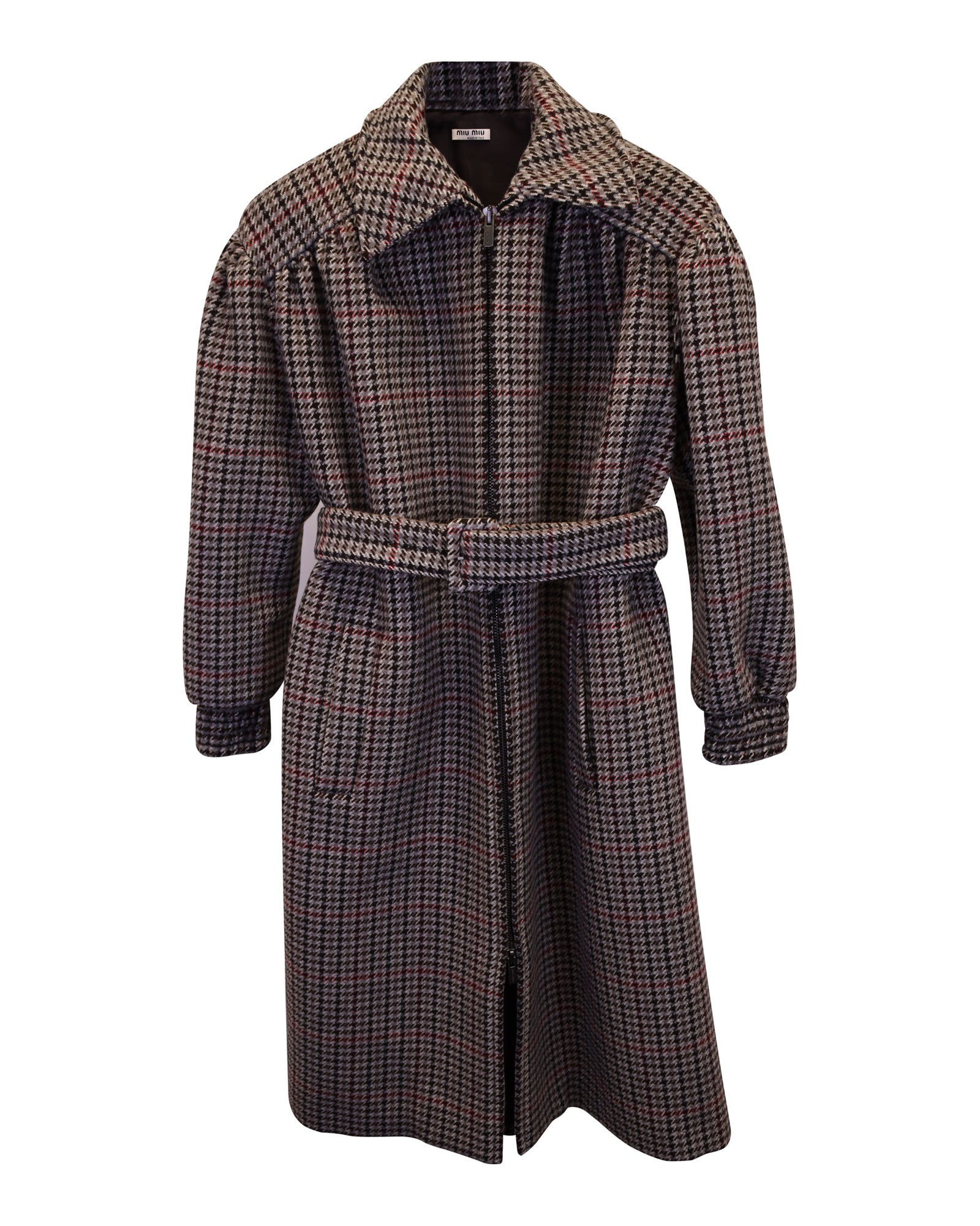 Image of Miu Miu Houndstooth Belted Coat in Brown Wool