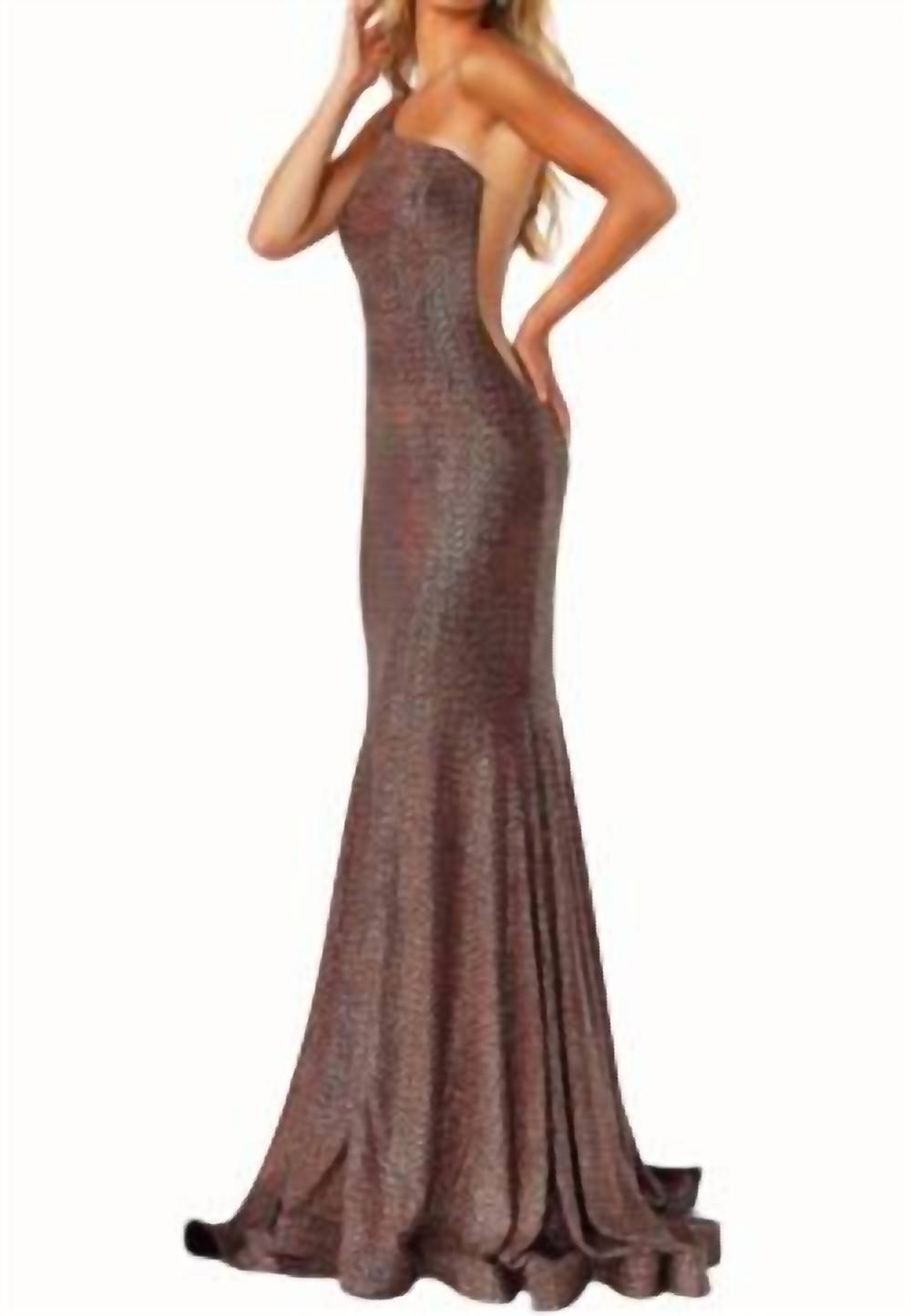 Jovani One Shoulder Prom Gown In Multi In Brown