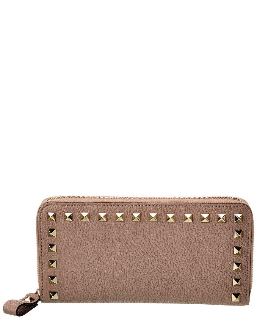 Valentino Garavani Rockstud Grainy Leather Zip Around Wallet In Pink