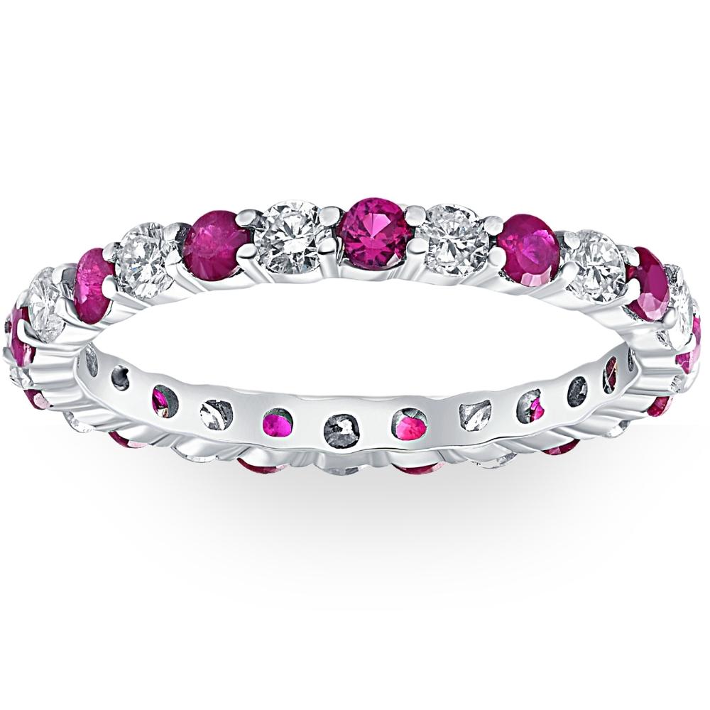 Pompeii3 1 Cttw Ruby & Diamond Wedding Eternity Stackable Ring 10k White Gold In Pink
