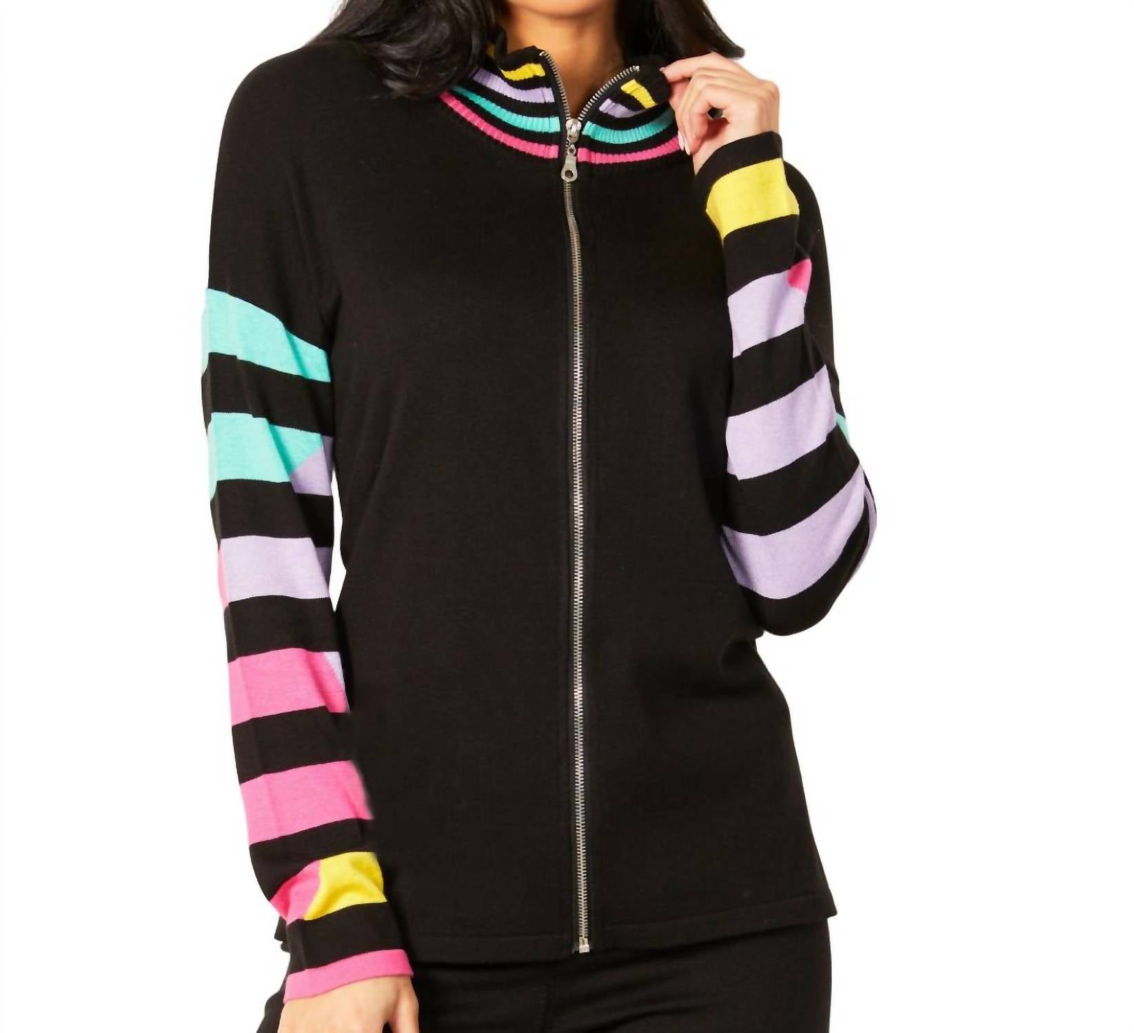 Shop Angel Apparel Multi Stripe Mock Neck Hoodie W/ Color Pocket In Black