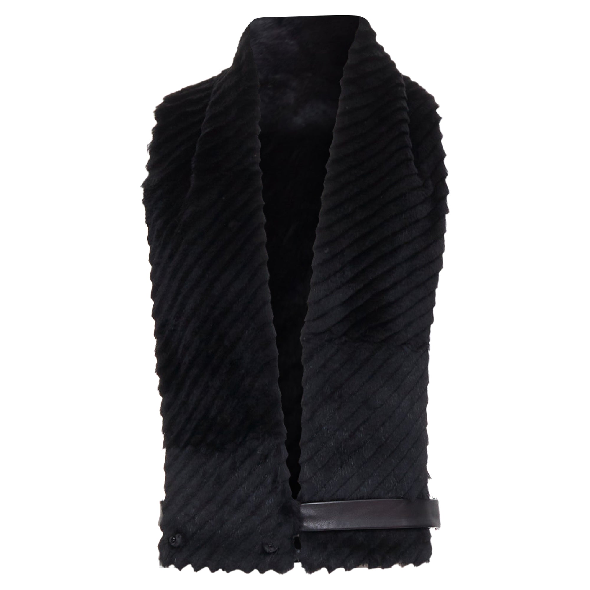 Versace Textured Rabbit Fur Soft Leather Belt Shawl Scarf Vest In Black