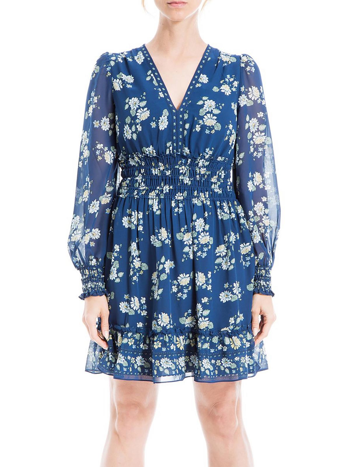 Shop Max Studio Womens Floral Smocked Mini Dress In Blue
