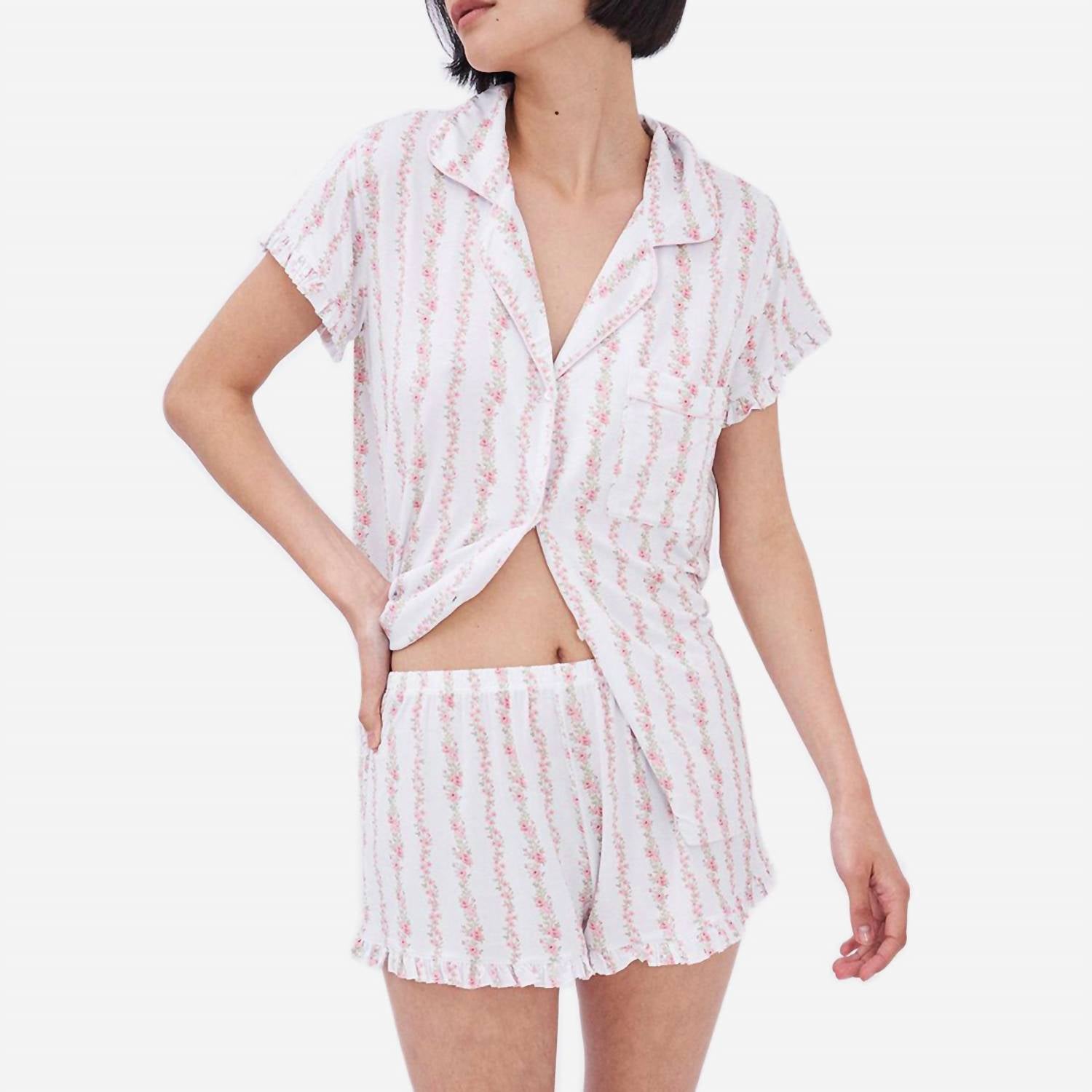 Stripe & Stare Rose Trellis Frill Tencel Modal Short Pajama Set In Neutral