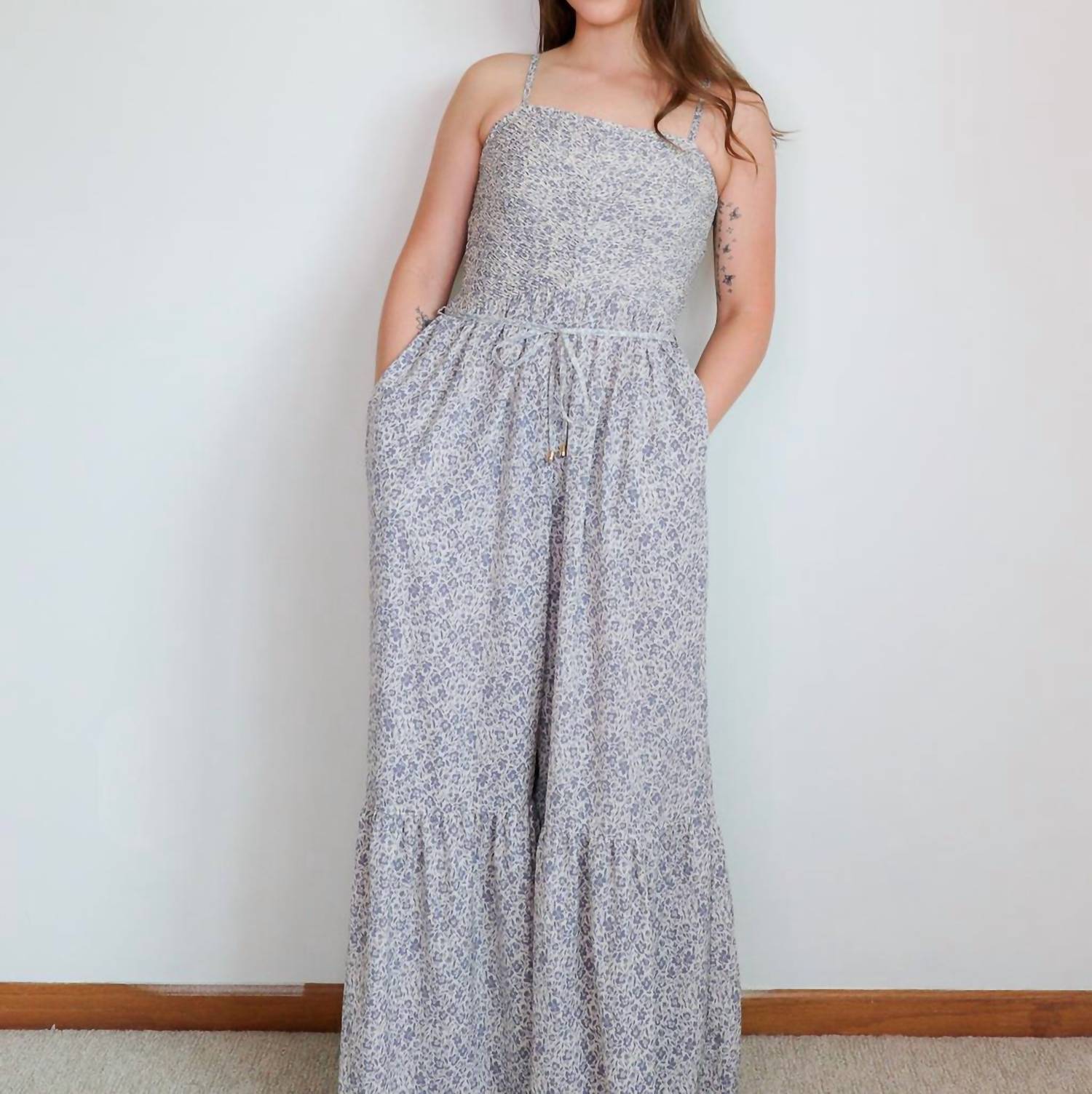 Shop Bishop + Young Carmella Wide Leg Jumpsuit In Sea Floral In Grey