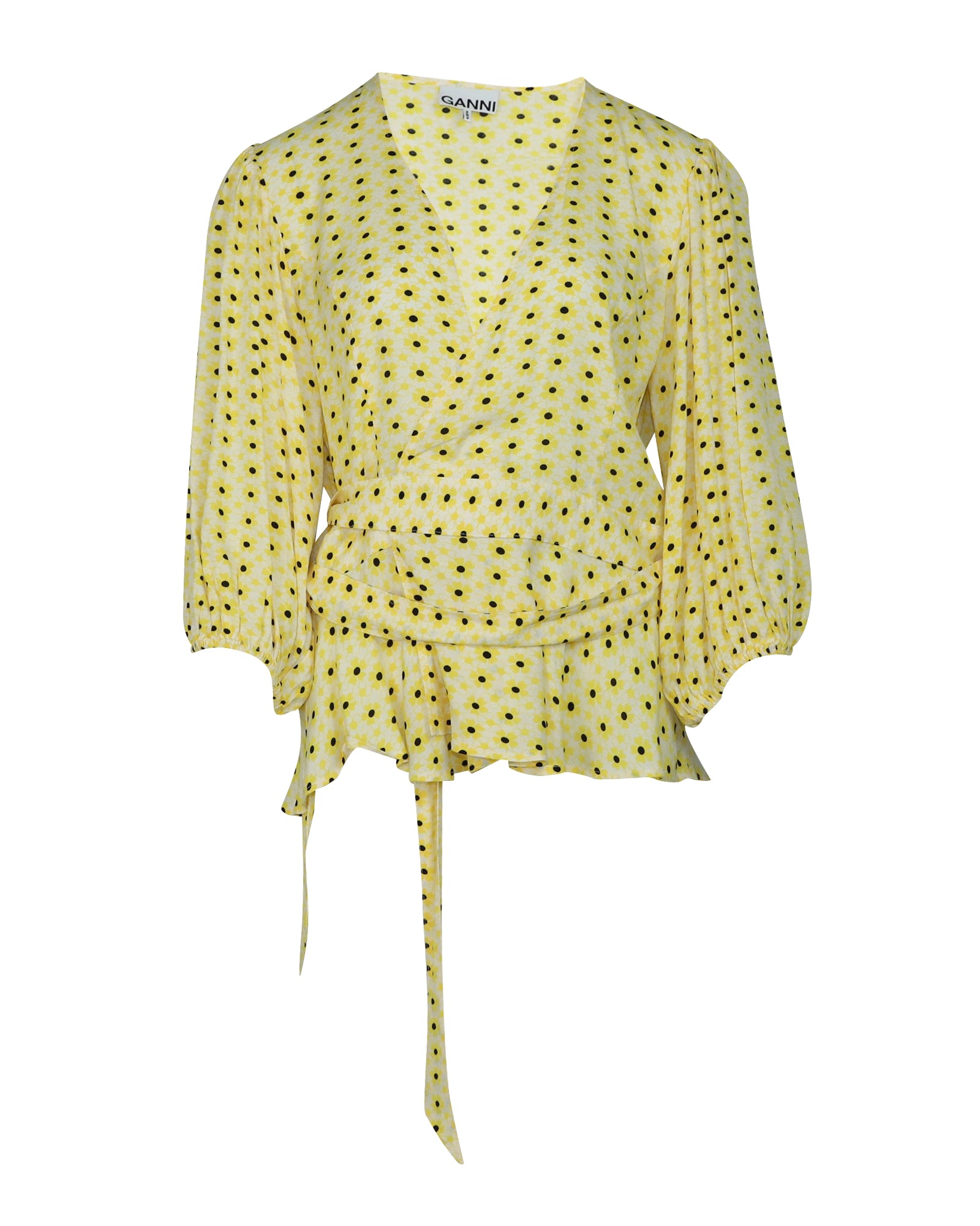 image of Ganni Wrap Blouse in Yellow Print Viscose