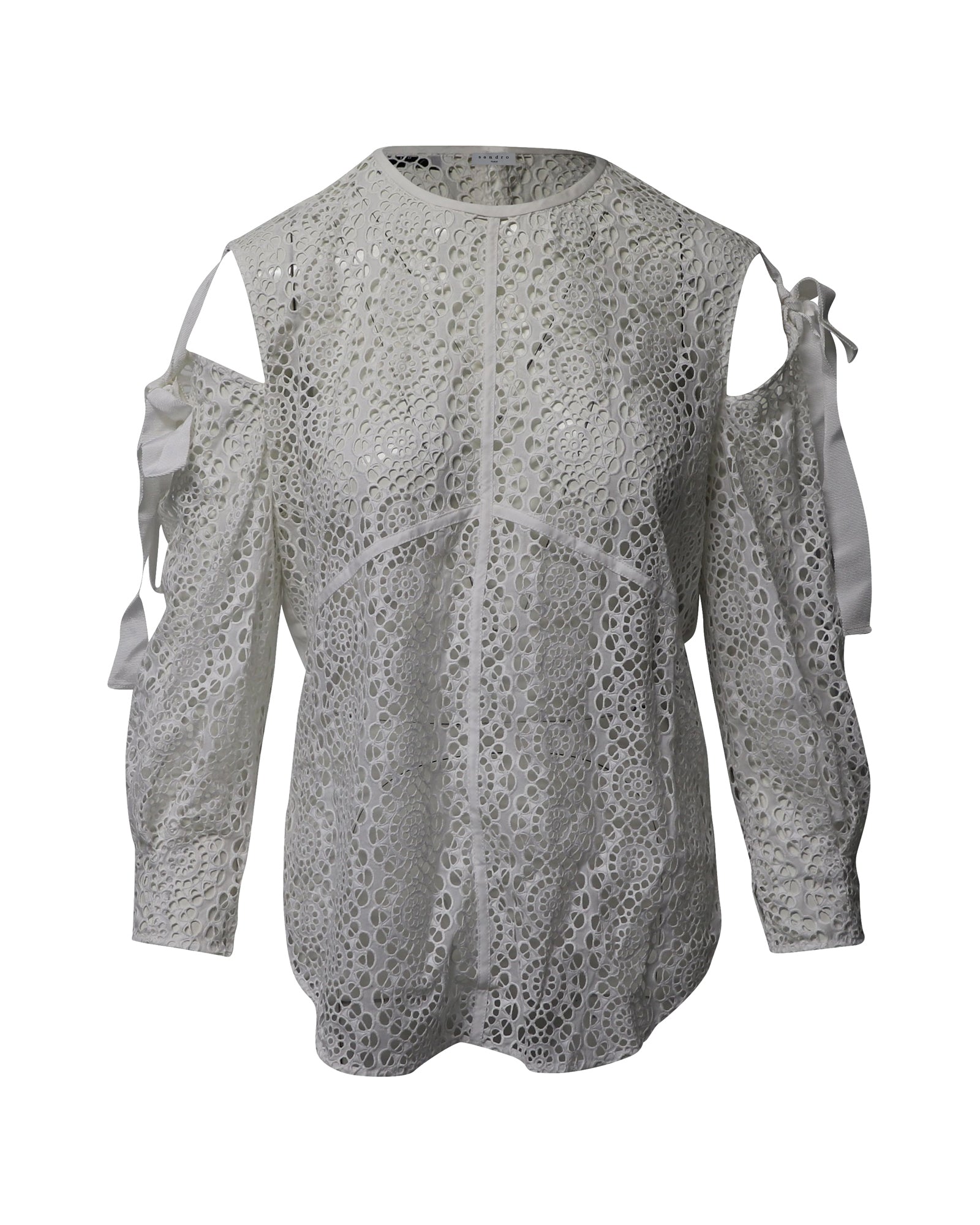 image of Sandro Paris Cutout Shoulder Lace Blouse in White Cotton